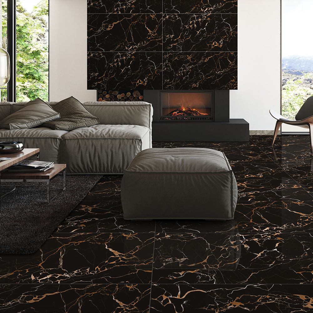 Black Potro Hi-Gloss Plus 1200x600 mm Marble High Gloss Finish GVT Tile - 9 mm| Image 6