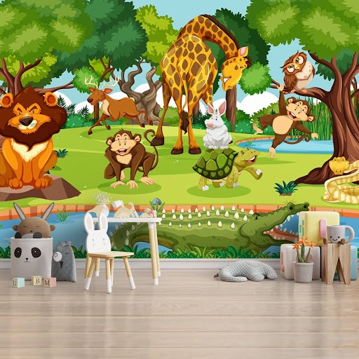 Animals in Jungle Kids Room Wallpaper, Customised 80 inches x 112 inches Entertainment Look Wallpapers - 62 Sq. Ft Image 01