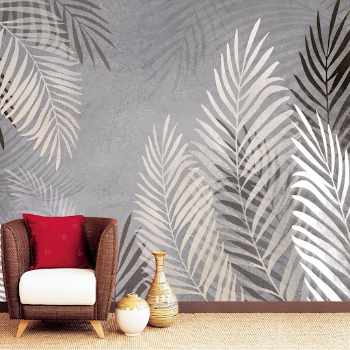 A close-up of aBeige and Grey Background Tropical Leaves Wallpaper, Customised Indrani Series Soft Feel Tropical Design (Customised Size Wallpaper )available at Material Depot in Bangalore