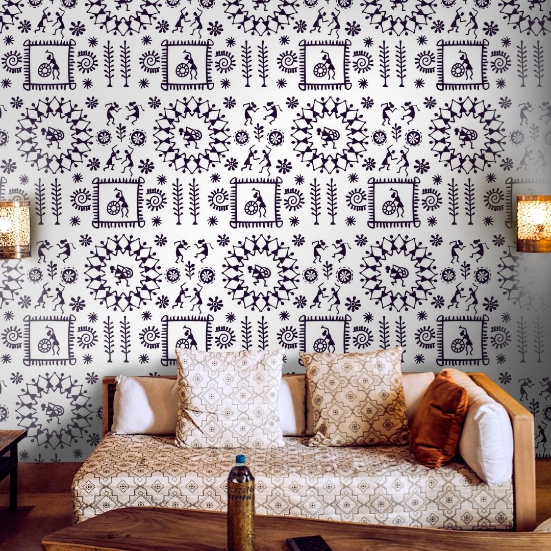 A close-up of aBlack & White Indian Art Wallpaper for Rooms 19.6 Inches(W) x 420 Inches(H) Atarangi Series Patterned Patterned - 57 Sq. Ft. with a finish available at Material Depot in Bangalore