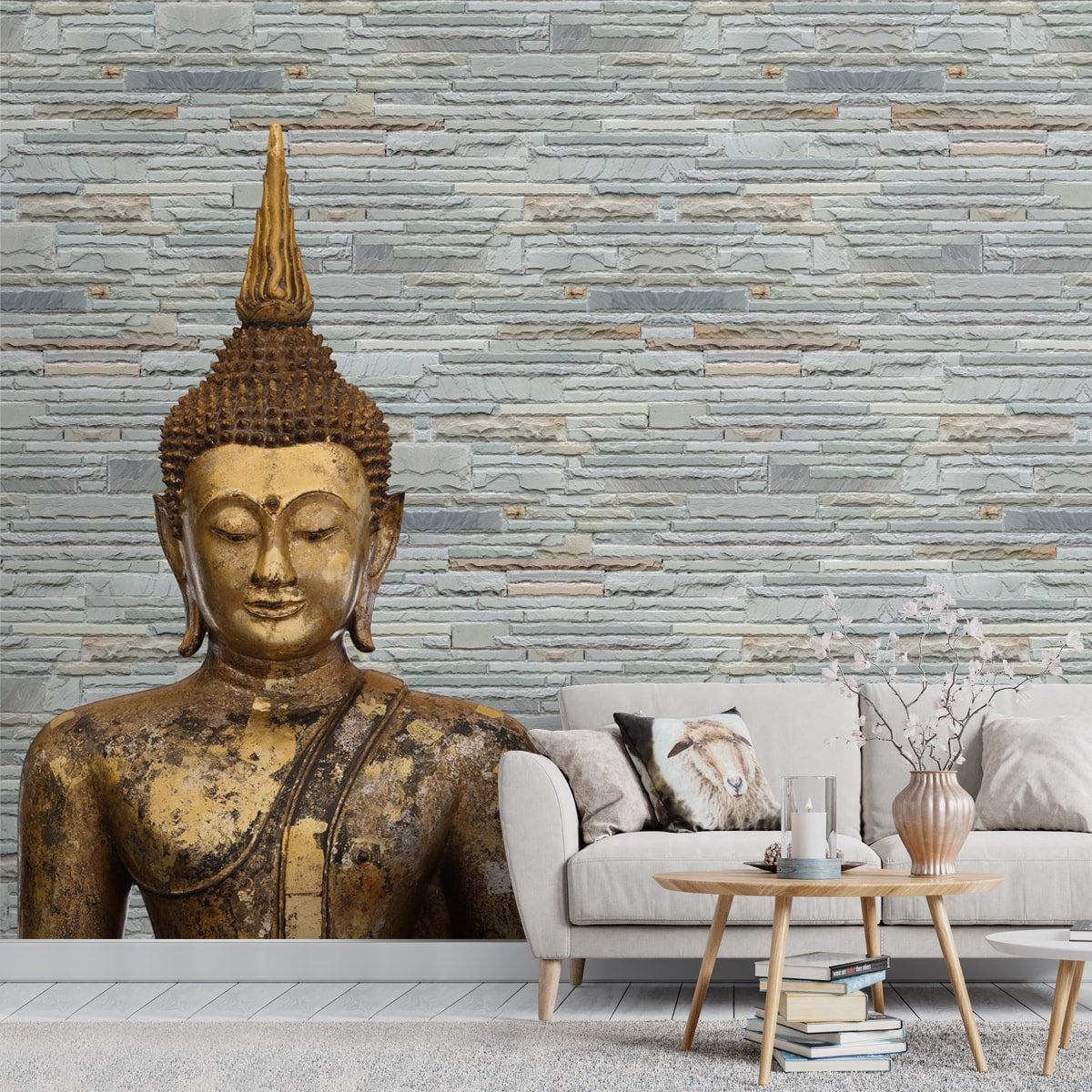 A close-up of aBronze Buddha on Slate Background Wallpaper for Room Walls, Customisedavailable at Material Depot in Bangalore