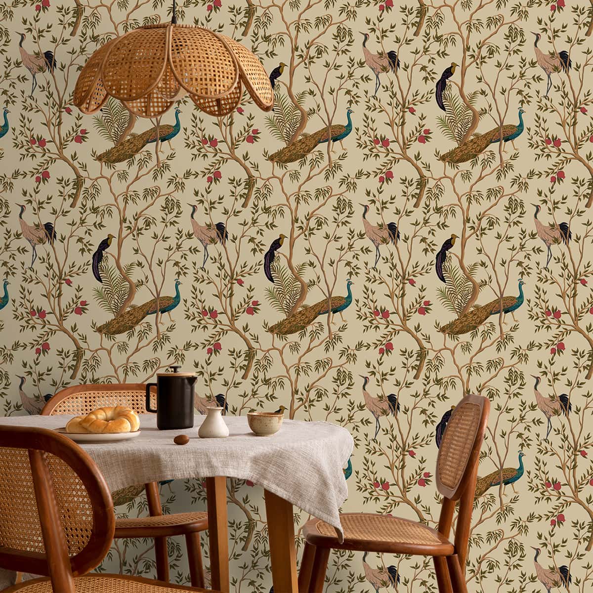 A close-up of aChinoiserie Theme Wallpaper with Peacock, Khaki 10.77 Meter x 19.68 Inches Canvas Wallpaper - 57.96 Sq. Ft. with a  finish available at Material Depot in Bangalore