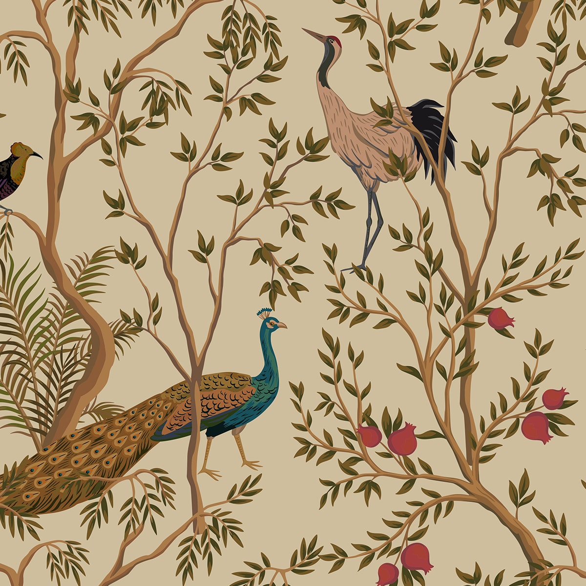 A close-up of aChinoiserie Theme Wallpaper with Peacock, Khaki 10.77 Meter x 19.68 Inches Canvas Wallpaper - 57.96 Sq. Ft. with a  finish available at Material Depot in Bangalore