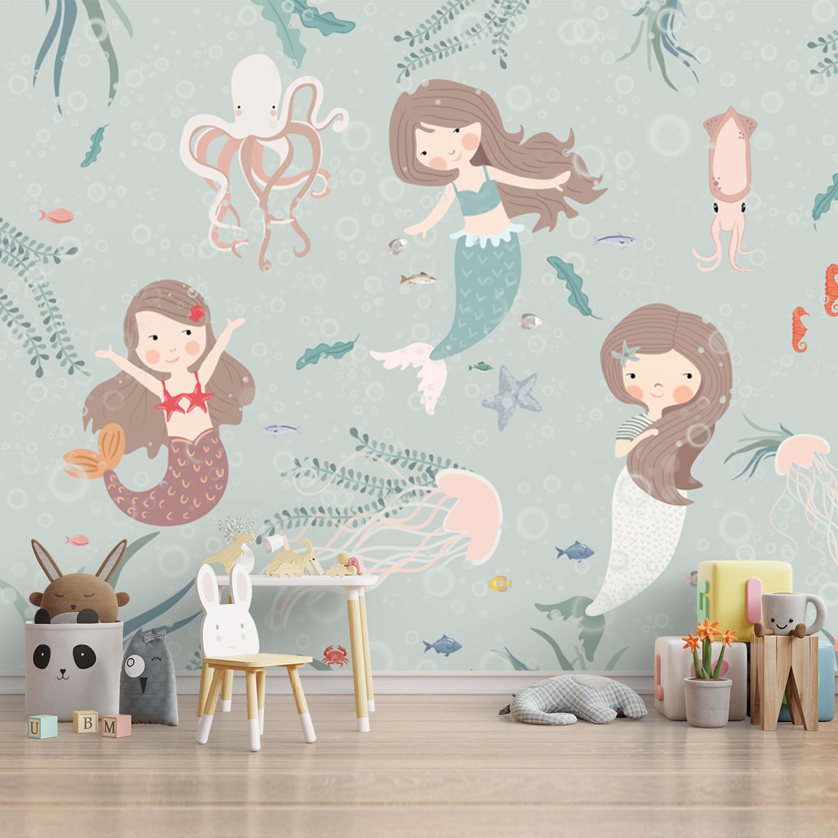 A close-up of aCute Mermaids Wall Mural for Kids Room Canvas (Customised Wallpaper) with a  finish available at Material Depot in Bangalore