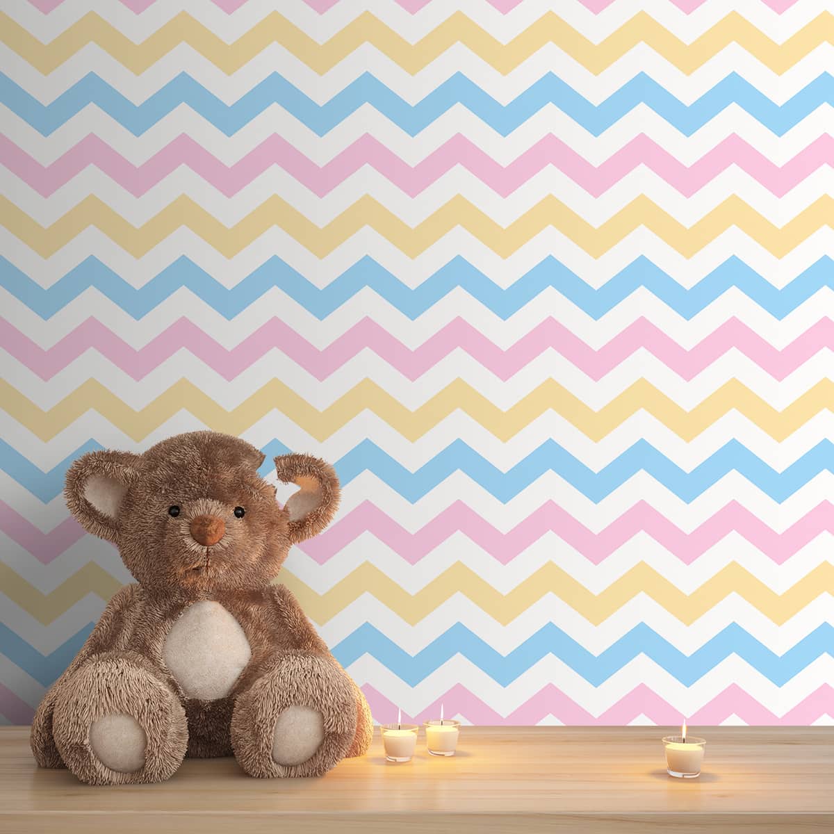 A close-up of aCute Pink, Blue and Yellow Chevron Pattern Wallpaper, Customised Sparkla N Shine Series Patterned Design (Customised Size Wallpaper) with a finish available at Material Depot in Bangalore