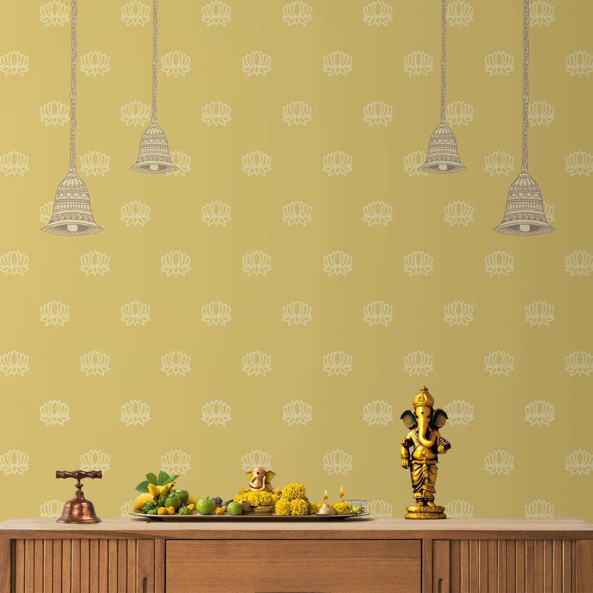 A close-up of aDivine Glow: Beautiful Yellow Pichwai Wallpaper for Pooja Room, Customised Indrani Series Canvas Patterned Design (Customised Size Wallpaper )available at Material Depot in Bangalore