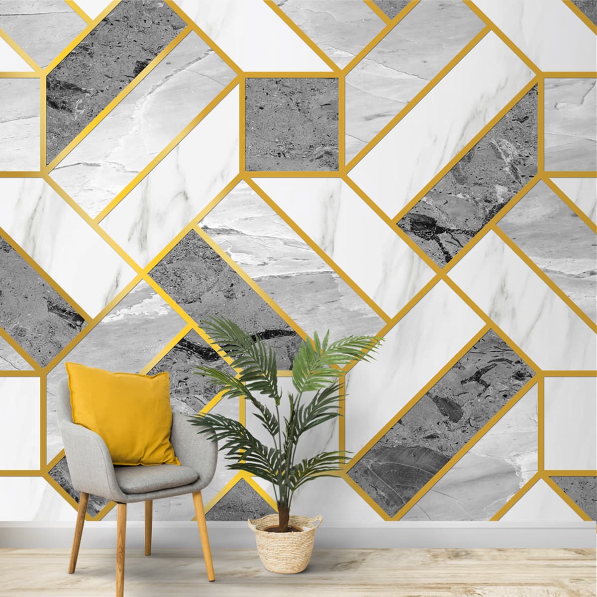 A close-up of aGolden Stripes with White Marble Texture Design Wallpaper, Customised Indrani Series Canvas Marble Design (Customised Size Wallpaper )available at Material Depot in Bangalore