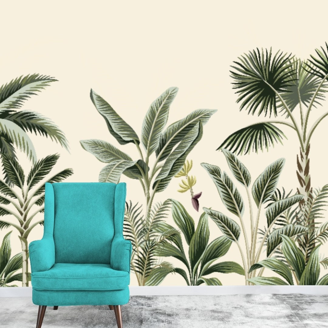 A close-up of aLight Green Trees in Tropical Room Wallpaper Indrani Series Handmade Tropical Design (Customised Size Wallpaper )available at Material Depot in Bangalore