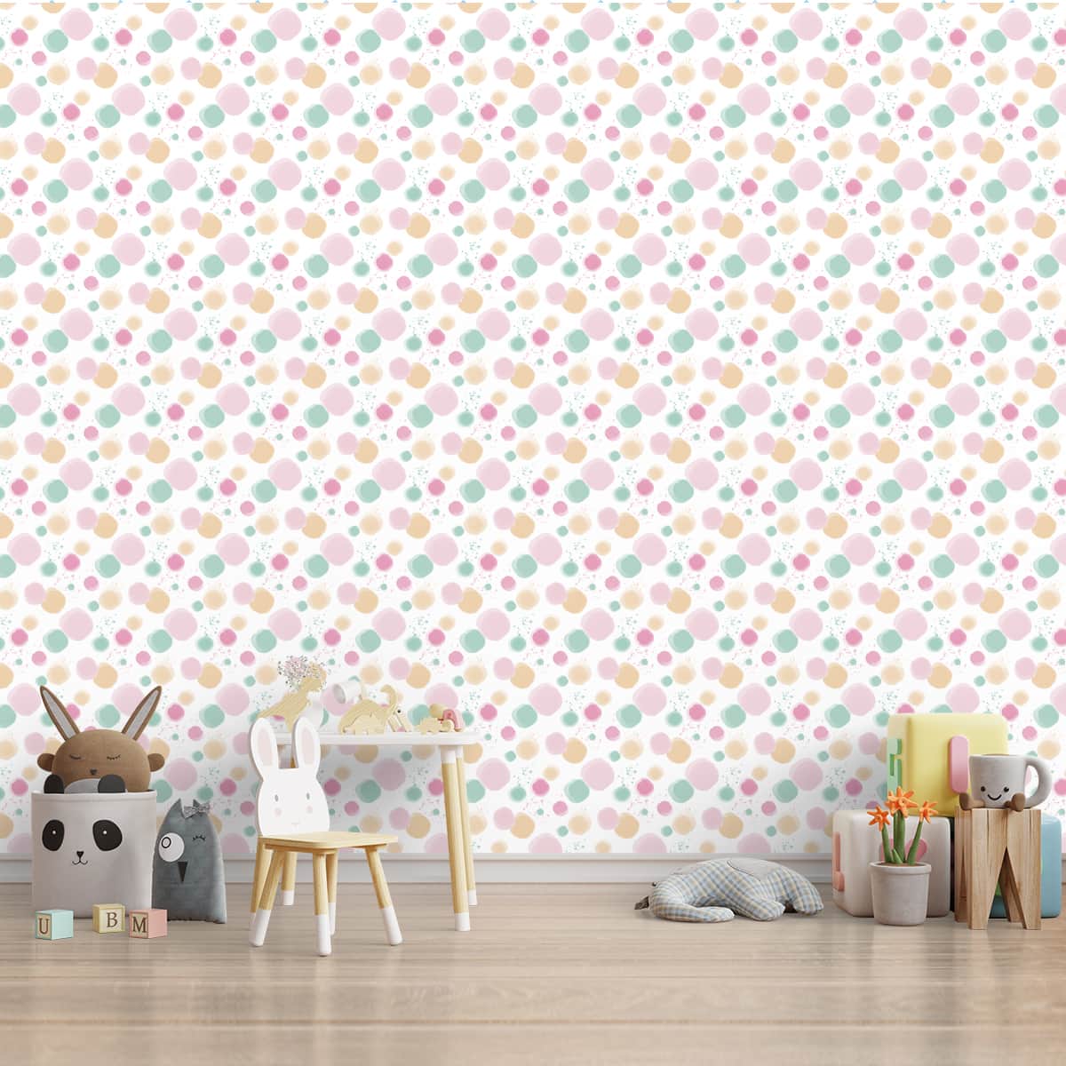 A close-up of aPastel Polka Dots Design Wallpaper for Kids Room 19.6 Inches(W) x 420 Inches(H) Sparkla N Shine Series Patterned Patterned - 57 Sq. Ft. with a finish available at Material Depot in Bangalore