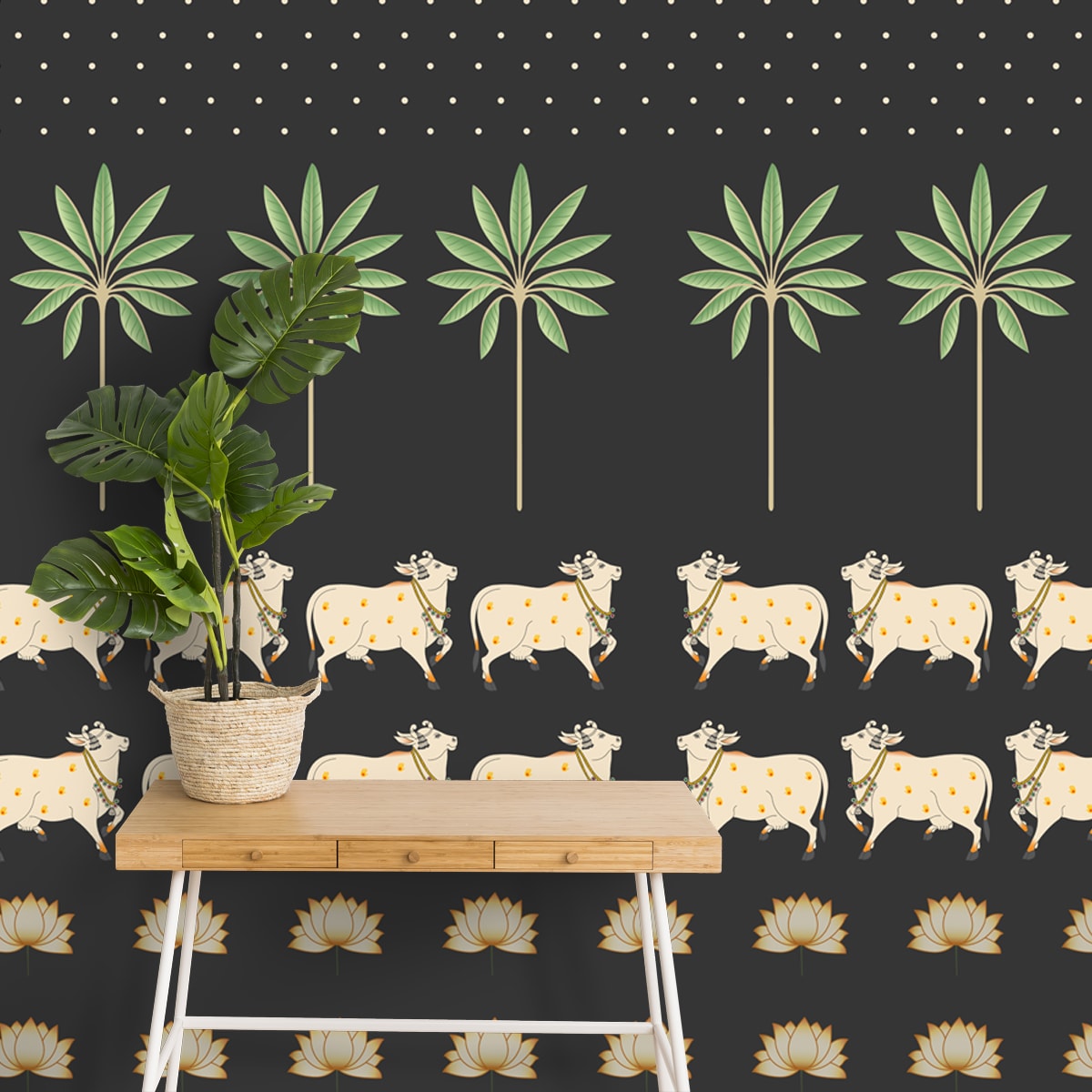 A close-up of aPichwai Cow Painting Inspired Wallpaper for Walls, Customised Indrani Series Soft Feel Tropical Design (Customised Size Wallpaper )available at Material Depot in Bangalore