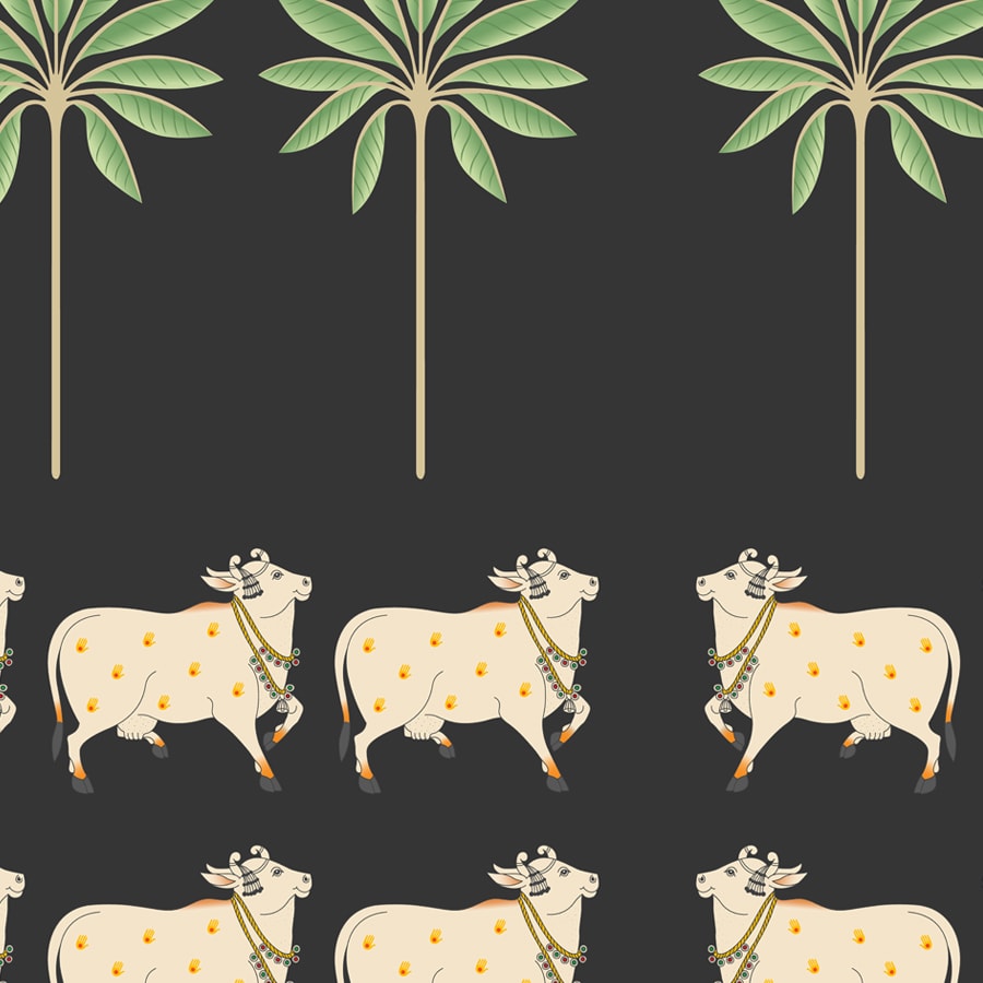 A close-up of aPichwai Cow Painting Inspired Wallpaper for Walls, Customisedavailable at Material Depot in Bangalore