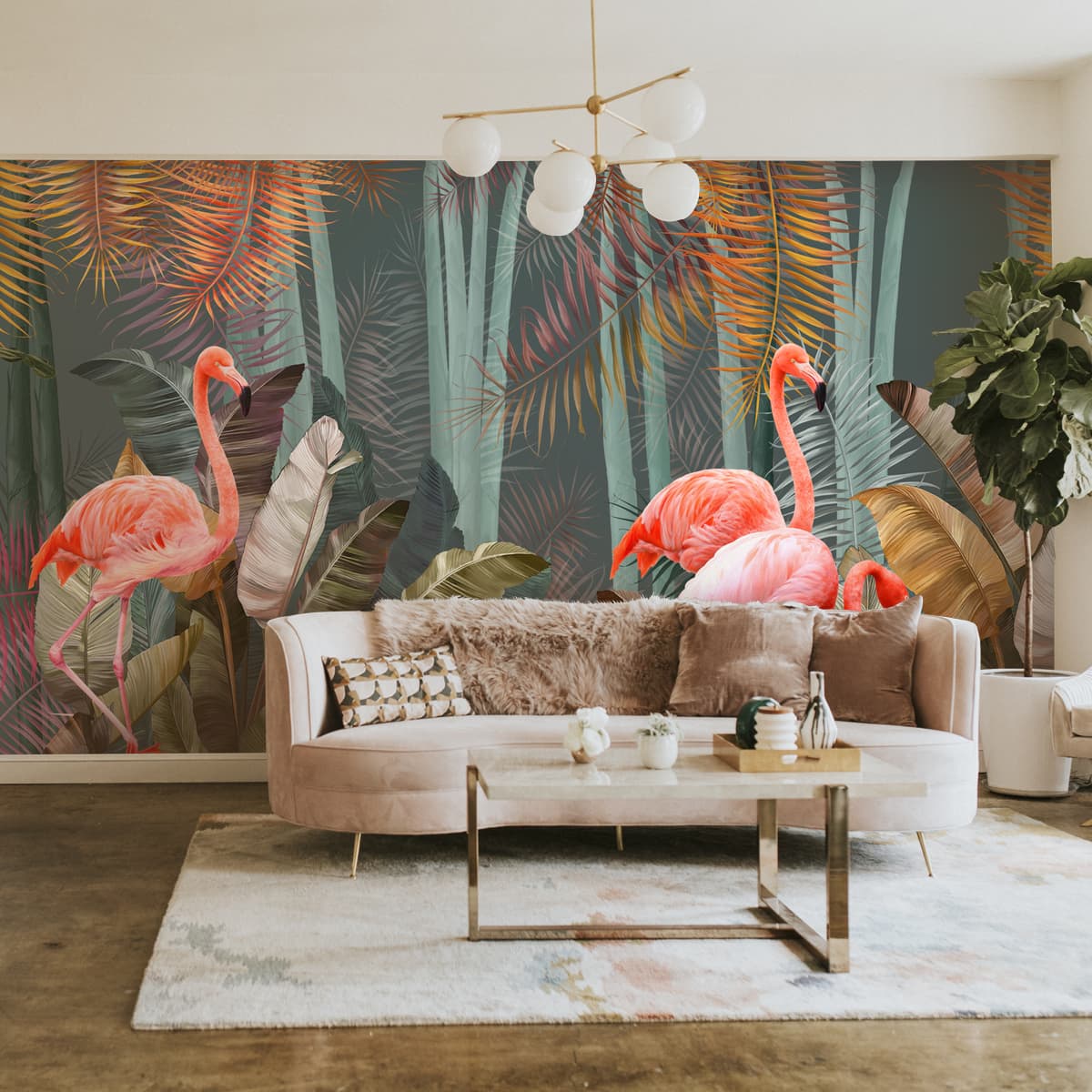 A close-up of aPink Flamingos in Tropical Jungle Wallpaper for Rooms Indrani Series Soft Feel Tropical Design (Customised Size Wallpaper )available at Material Depot in Bangalore