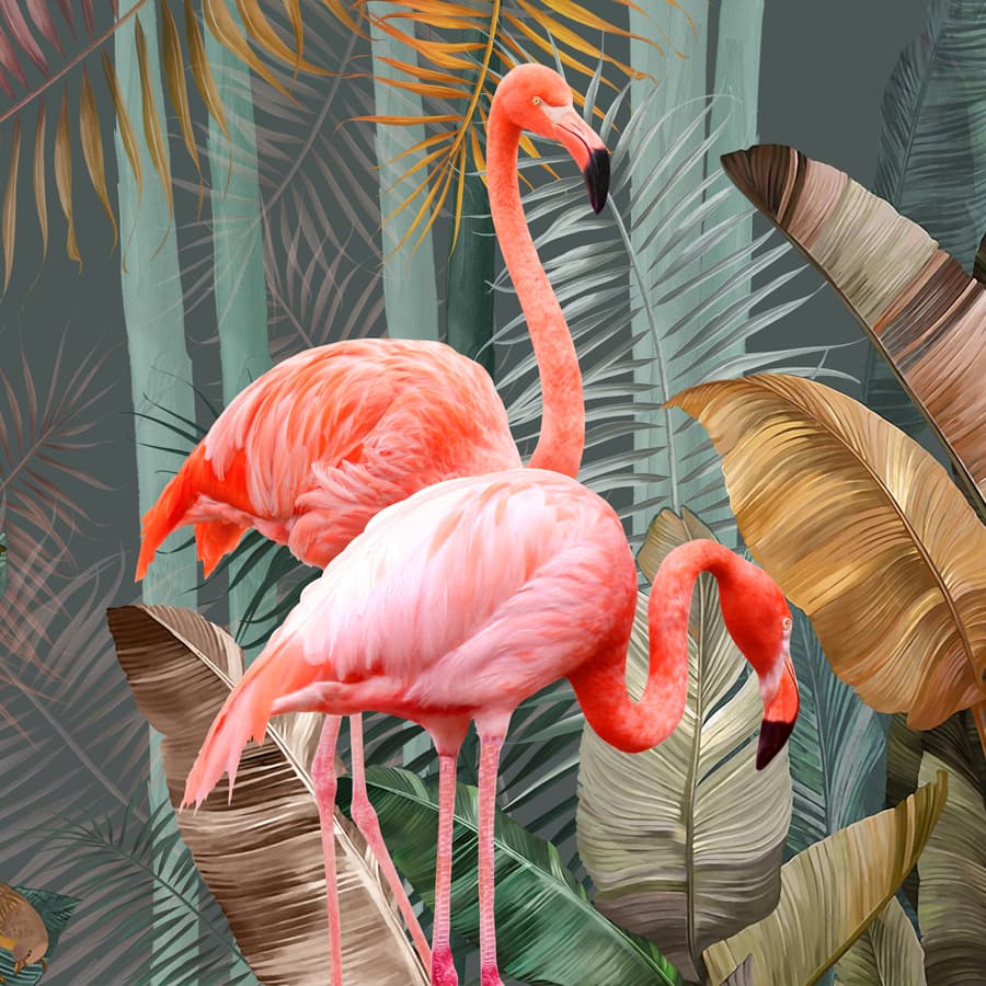 A close-up of aPink Flamingos in Tropical Jungle Wallpaper for Roomsavailable at Material Depot in Bangalore