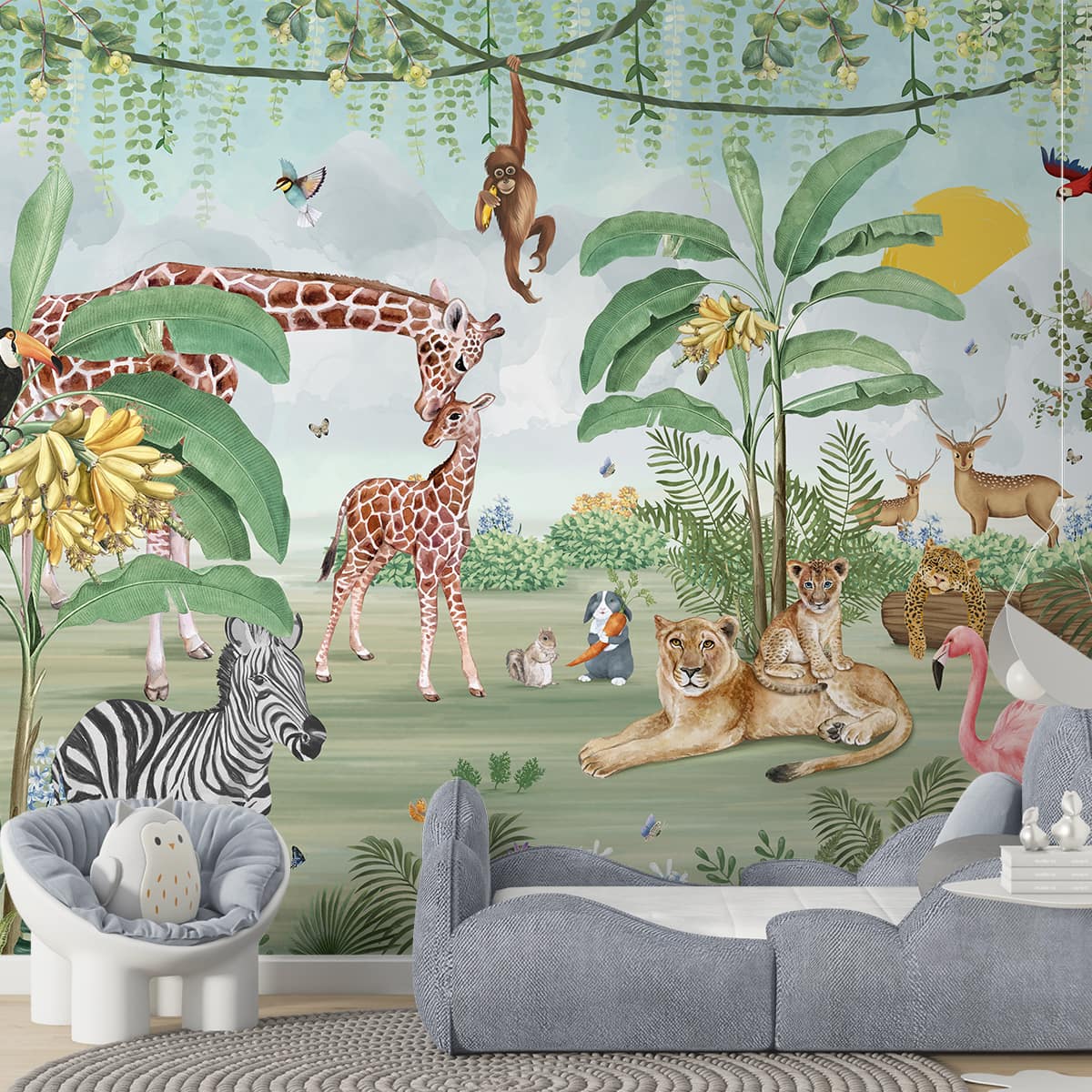 Sample: Cute Jungle Animals Mama and Kids Wallpaper for Kids 80 inches x 112 inches Entertainment Look Wallpapers - 62 Sq. Ft Image 01