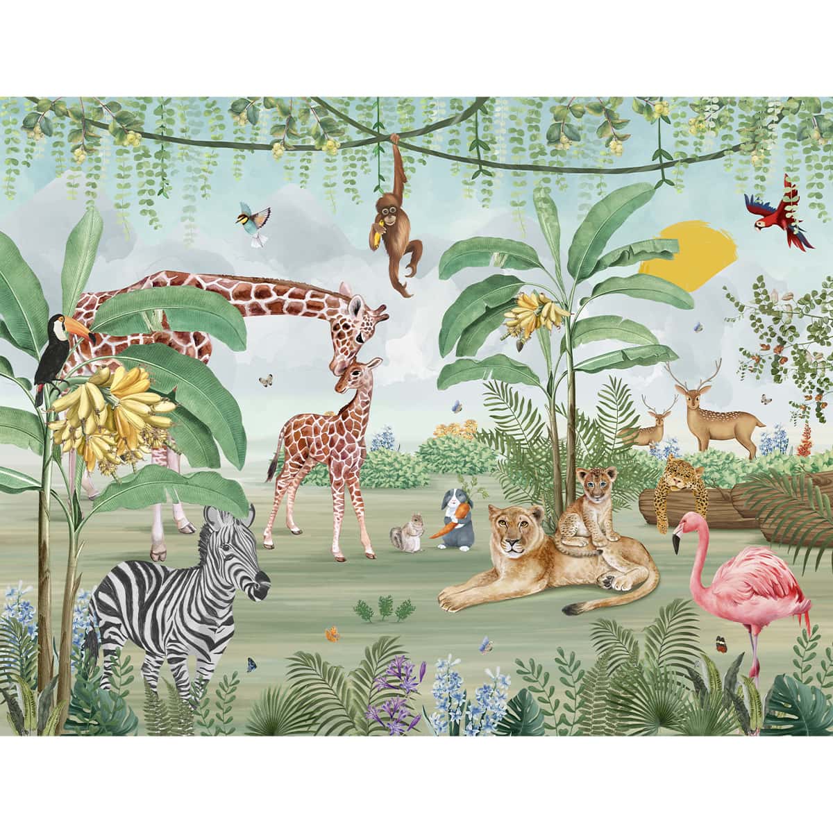 Sample: Cute Jungle Animals Mama and Kids Wallpaper for Kids 80 inches x 112 inches Entertainment Look Wallpapers - 62 Sq. Ft Image 03