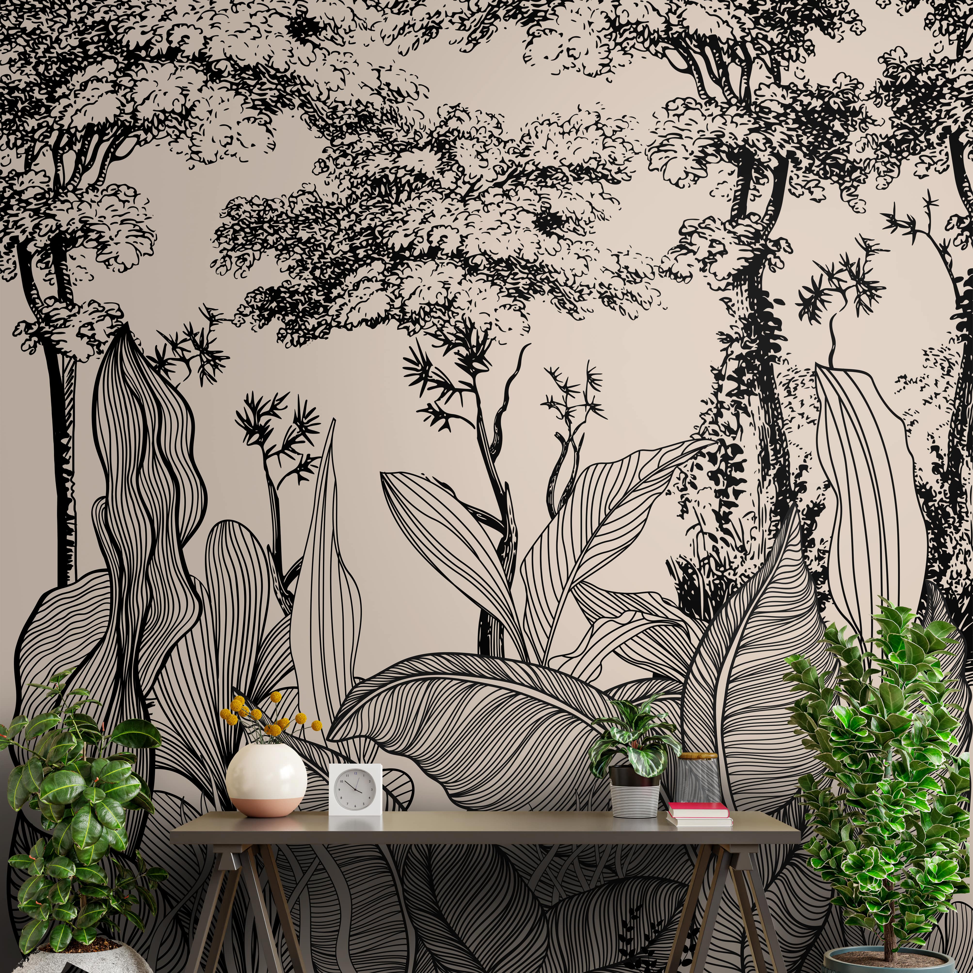 A close-up of aTropical Lineage Jungle Line Art Wallpaper for Rooms Indrani Series Soft Feel Tropical Design (Customised Size Wallpaper )available at Material Depot in Bangalore