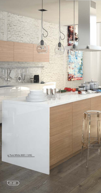 A kitchen cabinate application image of a 8001 Pure White UHG White Decorative Laminate of 1 mm with a High Gloss finish available at Material Depot in Bangalore