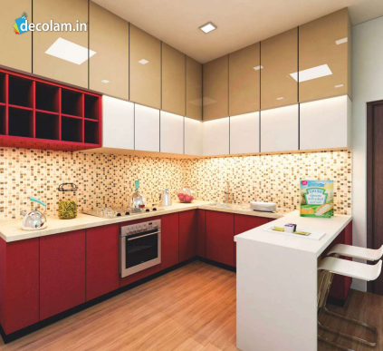 1.5 mm Red ARC 8003 Cherry Acrylic Laminate applied on a kitchen cabinate with High Gloss finish available for sale at Material Depot in Bangalore