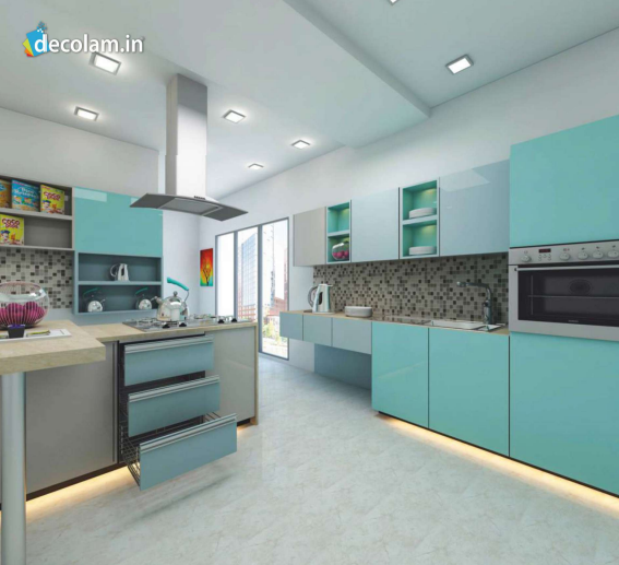 A kitchen cabinate application image of a ARC 8615 Light Ice Blue Blue Acrylic Laminate of 1.5 mm with a High Gloss finish available at Material Depot in Bangalore