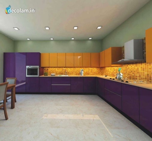 1.5 mm Purple ARC 8622 Purple Pearl Acrylic Laminate applied on a kitchen cabinate with High Gloss finish available for sale at Material Depot in Bangalore