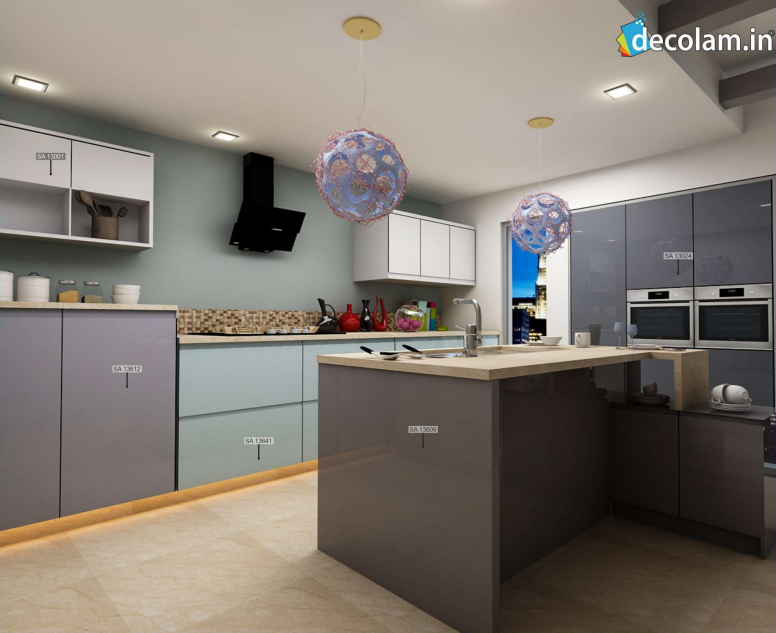 A kitchen cabinate application image of a SA 13641 Blue Blue Acrylic Laminate of 1.25 mm with a High Gloss finish available at Material Depot in Bangalore