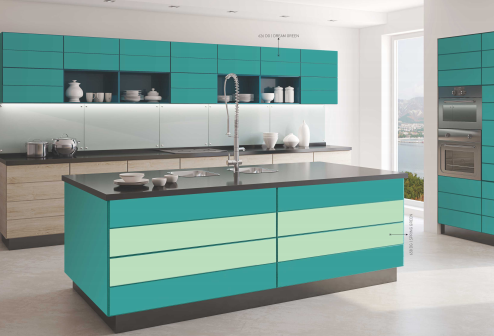 658 DG Spring Green Green Decorative Laminate of 1 mm applied on kitchen with a Glossy finish available for sale at Material Depot in Bangalore