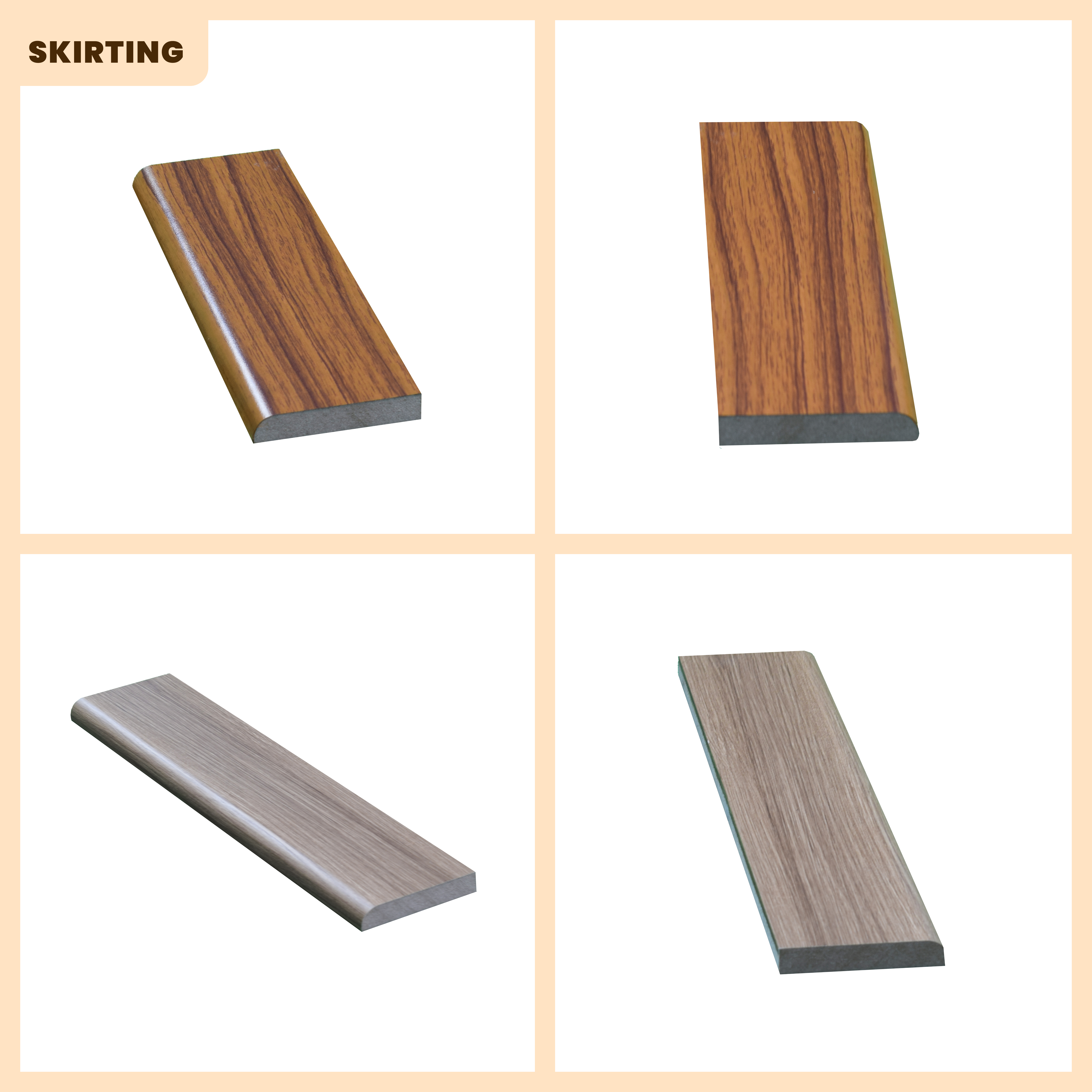 A close-up of a MDF Skirting Timberline TF 00167 D | 8 ft x 4 Inch x 12 mm Compatible for SPC Flooring SP 00091 available at Material Depot in Bangalore