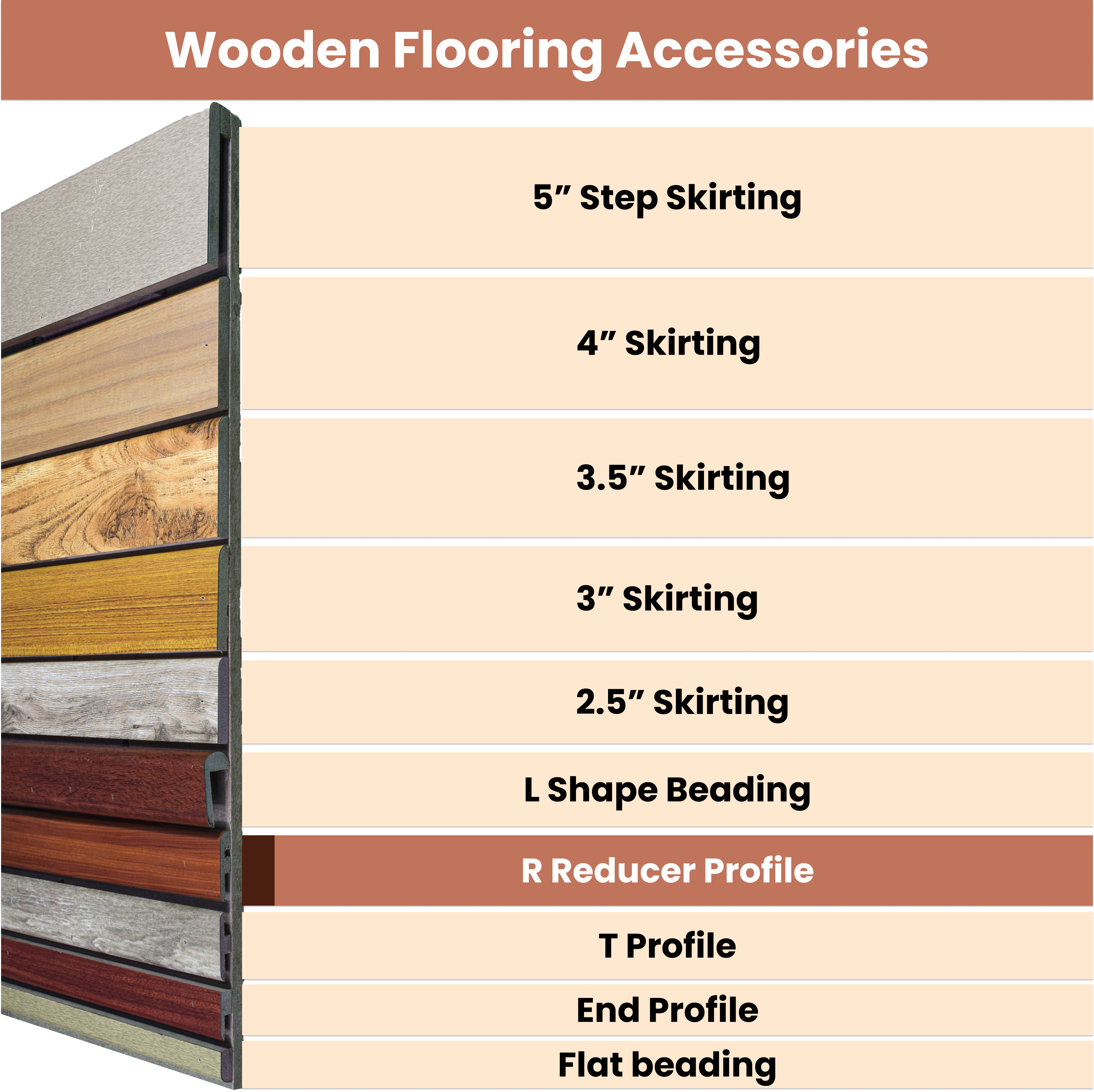 A close-up of a MDF Reducer R Profile Timberline TF 00164 E | 8 ft x 51 mm x 12 mm Compatible for SPC Flooring SP 00088 available at Material Depot in Bangalore