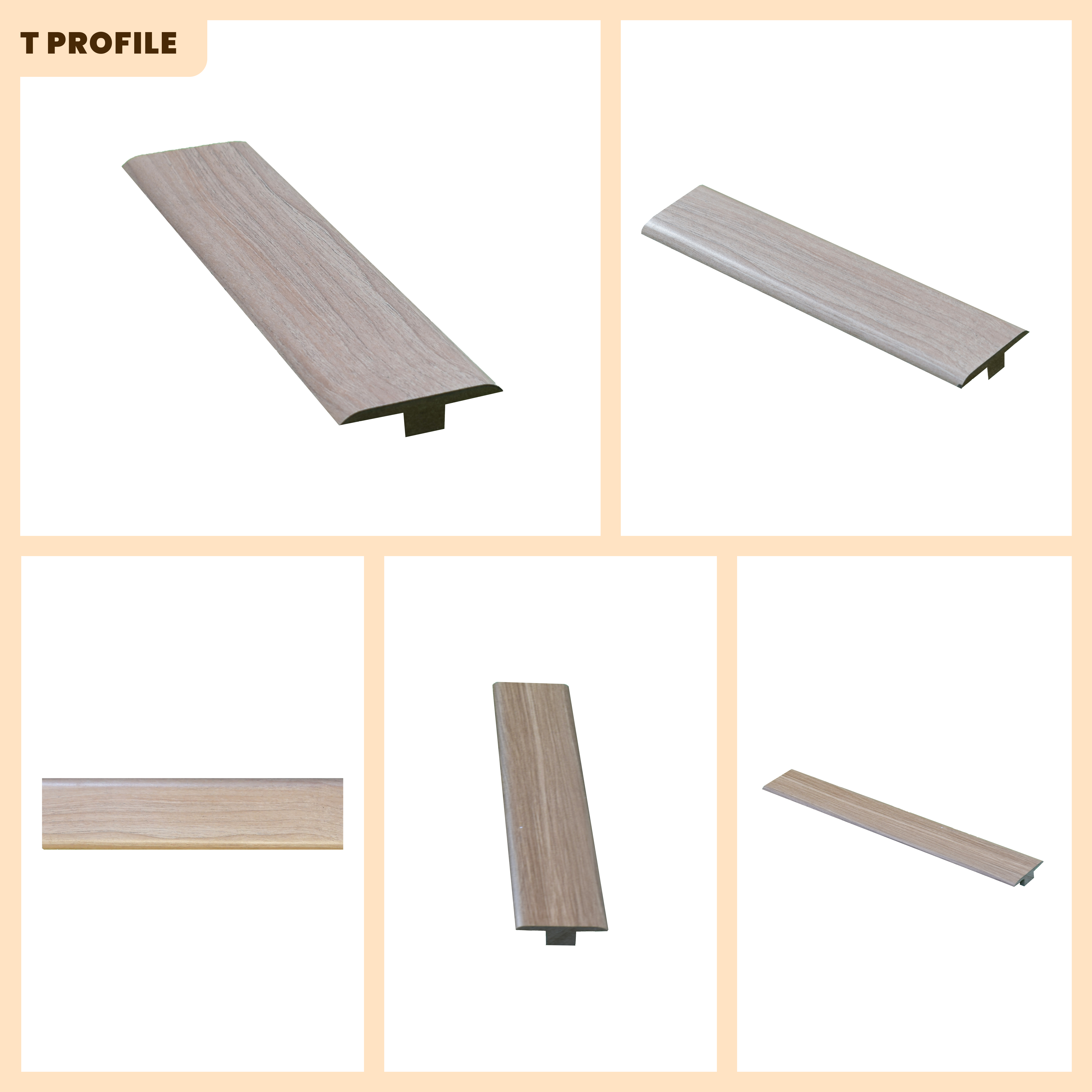 A close-up of a MDF T Profile Timberline TF 00154 F | 8 ft x 51 mm x 12 mm Compatible for SPC Flooring SP 00078 available at Material Depot in Bangalore