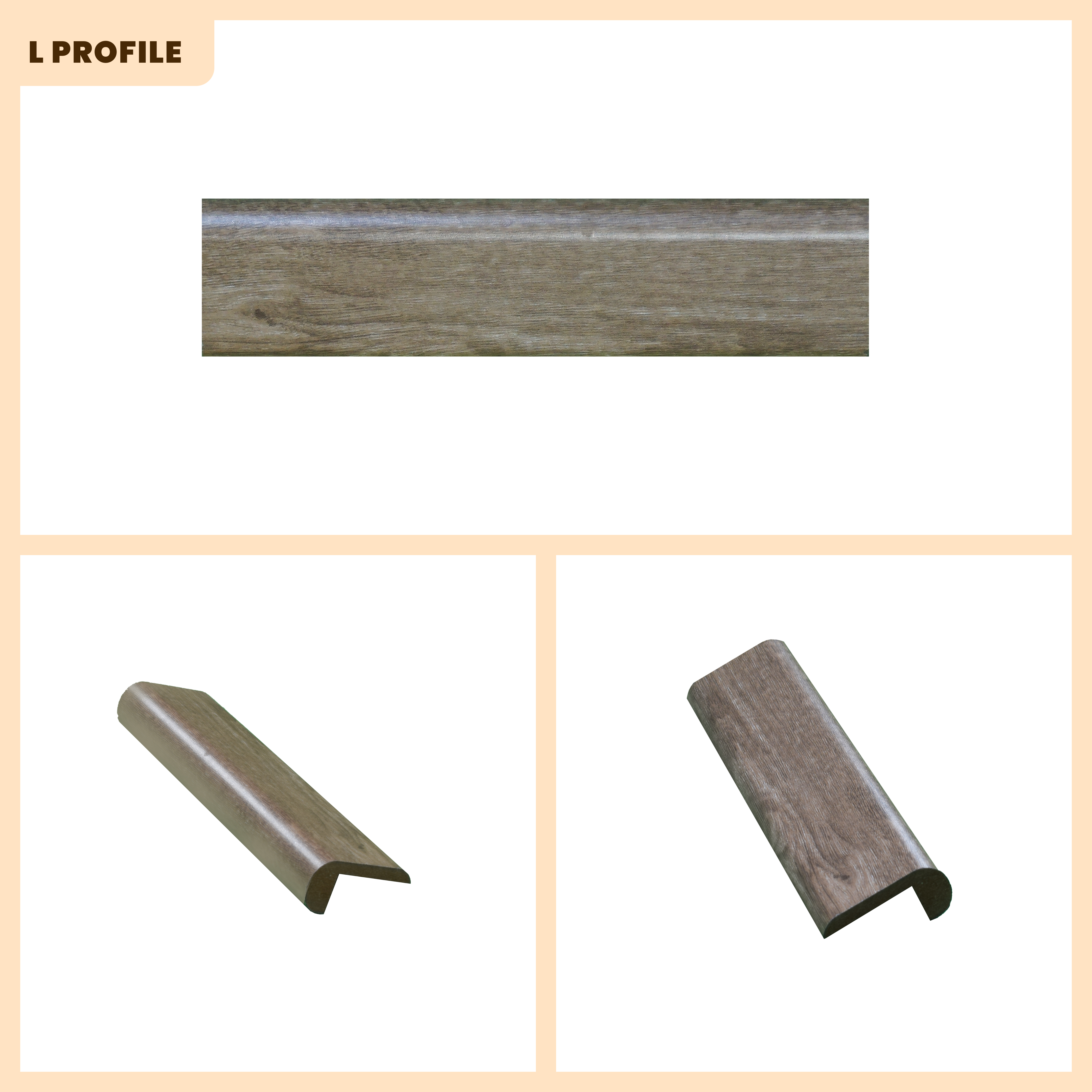 A close-up of a MDF L Nosing Profile Aristo PM 00347 W | 8 ft x 25 x 25 x 12 mm | Compatible for Laminate Wood Floor LF 00242 available at Material Depot in Bangalore