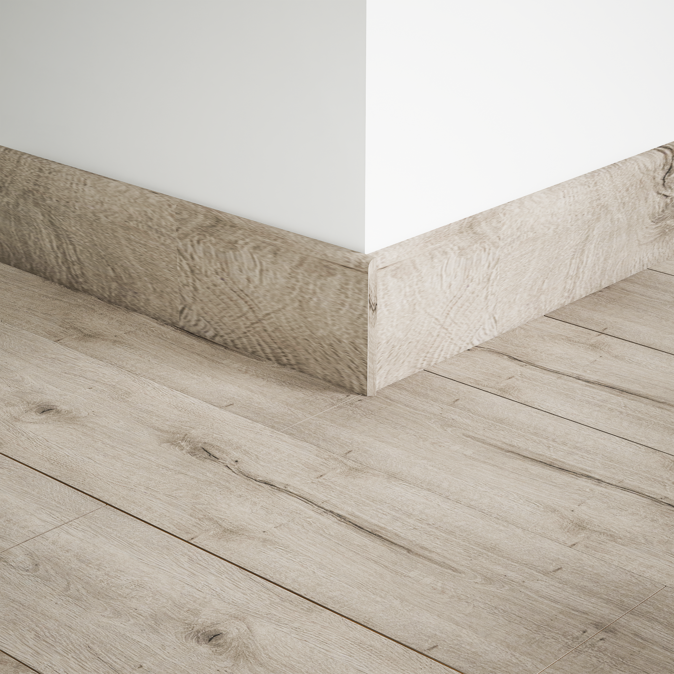 A close-up of a MDF Skirting Aristo Premium PM 00369 E | 8 ft x 3 Inch | Compatible for Laminate Wood Floor LF 00246 available at Material Depot in Bangalore