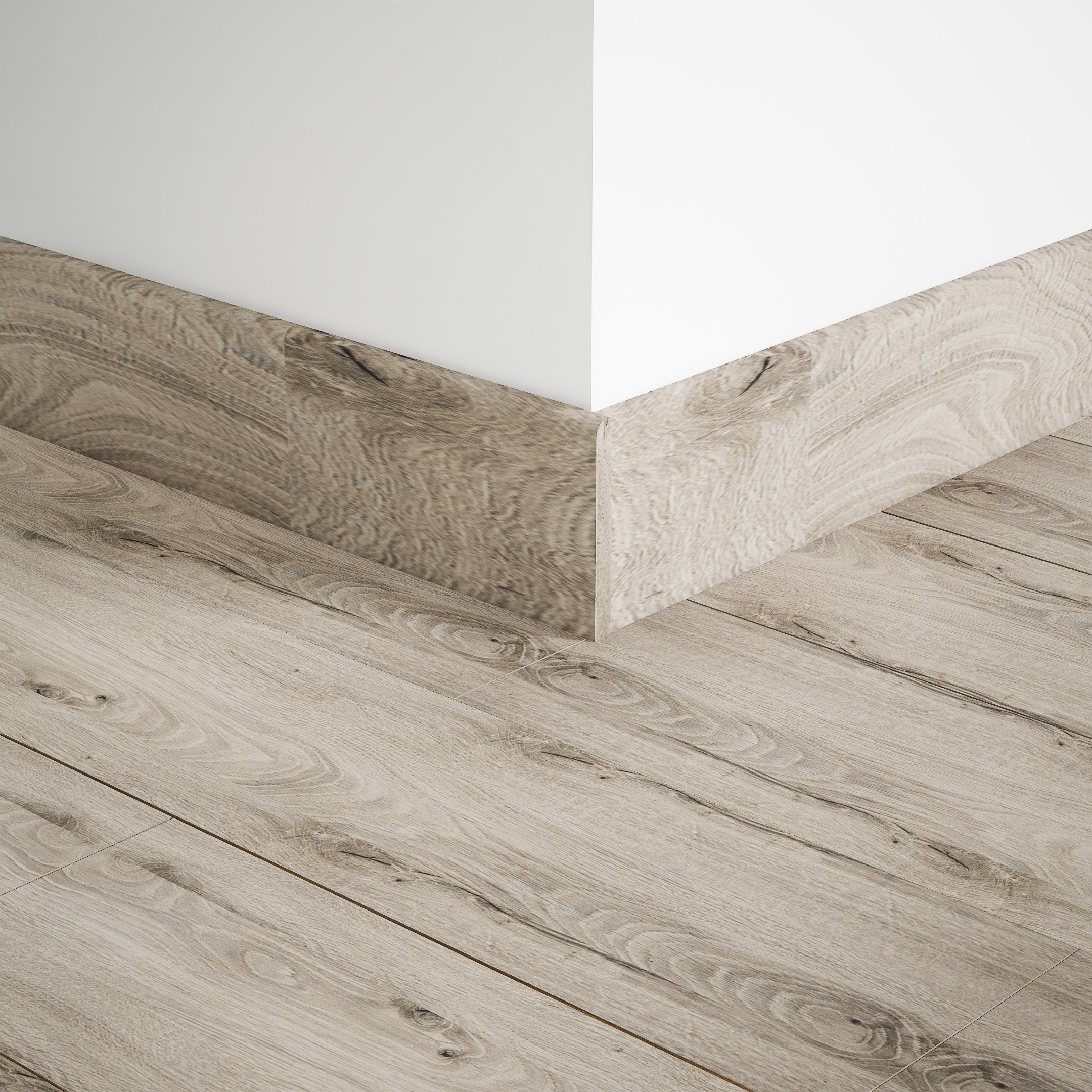 A close-up of a MDF Skirting Aristo Premium PM 00370 E | 8 ft x 3 Inch | Compatible for Laminate Wood Floor LF 00248 available at Material Depot in Bangalore