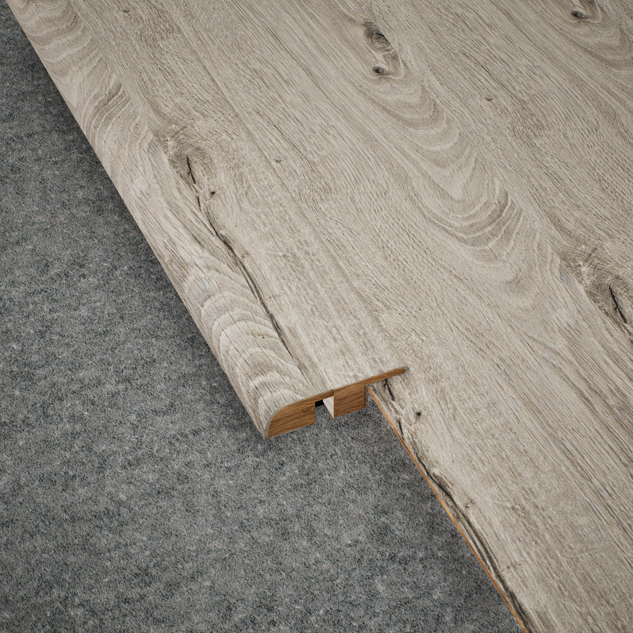 A close-up of a MDF Reducer R Profile Aristo Premium PM 00370 H | 8 ft x 12 mm x 12 mm | Compatible for Laminate Wood Floor LF 00248 available at Material Depot in Bangalore