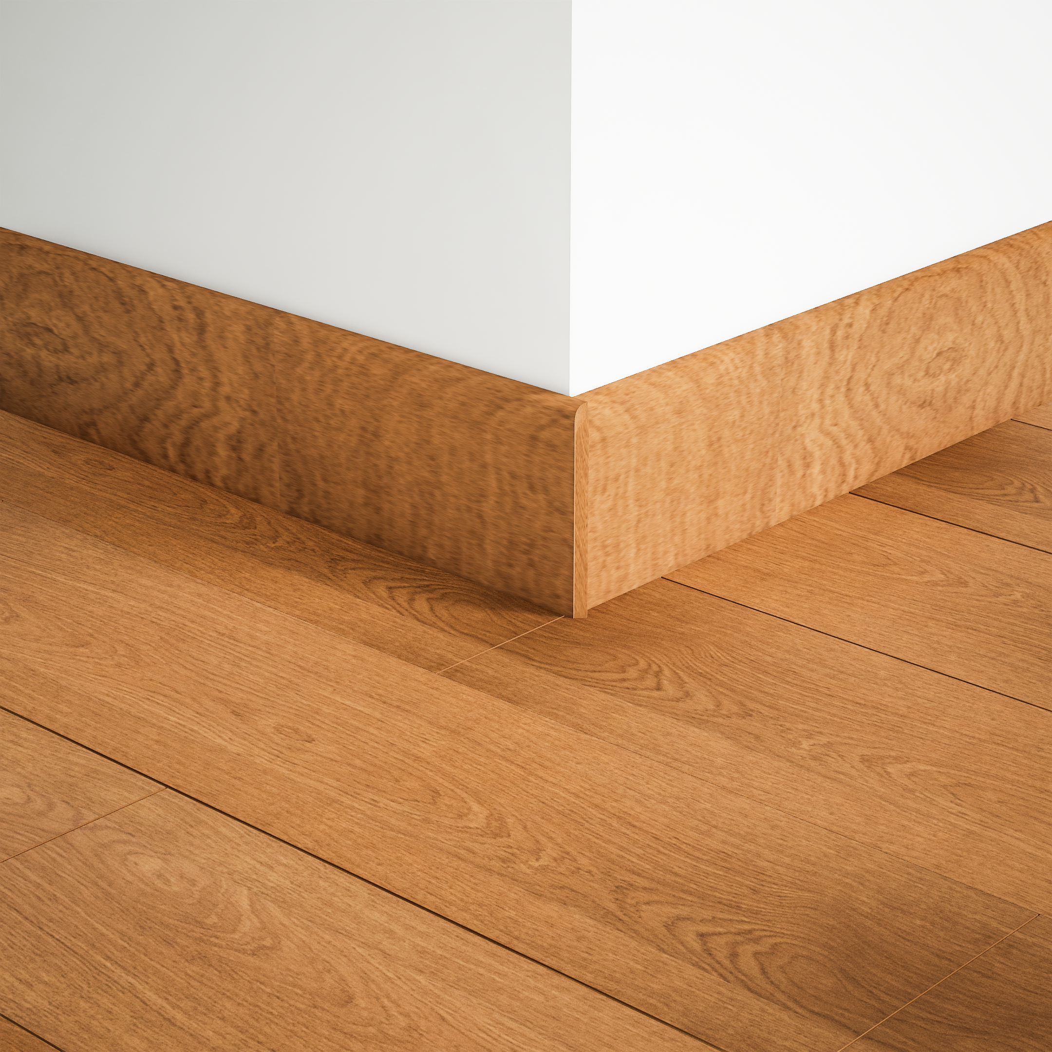 A close-up of a MDF Skirting Aristo Premium PM 00368 D | 8 ft x 2.5 Inch | Compatible for Laminate Wood Floor LF 00256 available at Material Depot in Bangalore