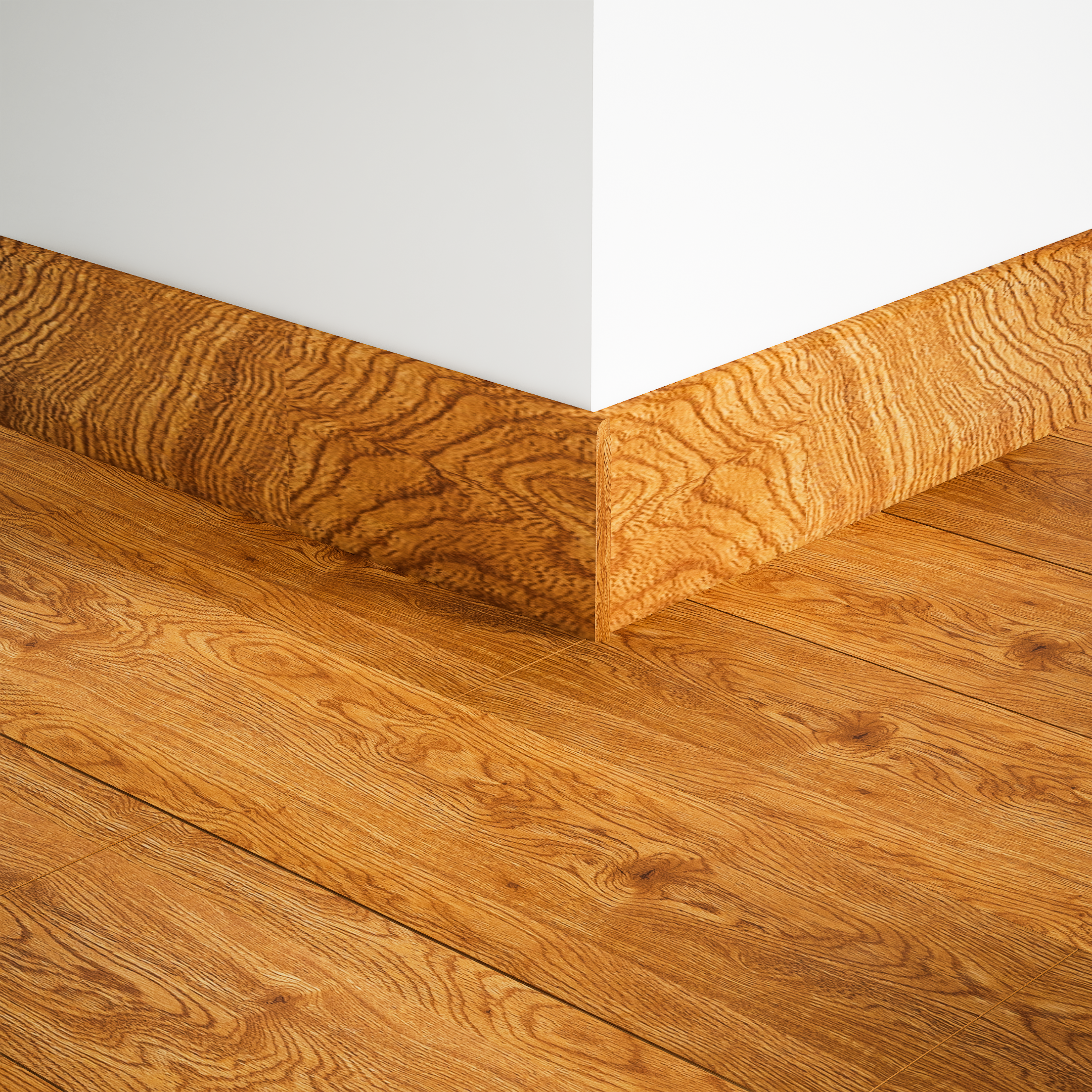 A close-up of a MDF Skirting Heirloom PM 00354 D | 8 ft x 2.5 Inch | Compatible for Laminate Wood Floor LF 00272 available at Material Depot in Bangalore