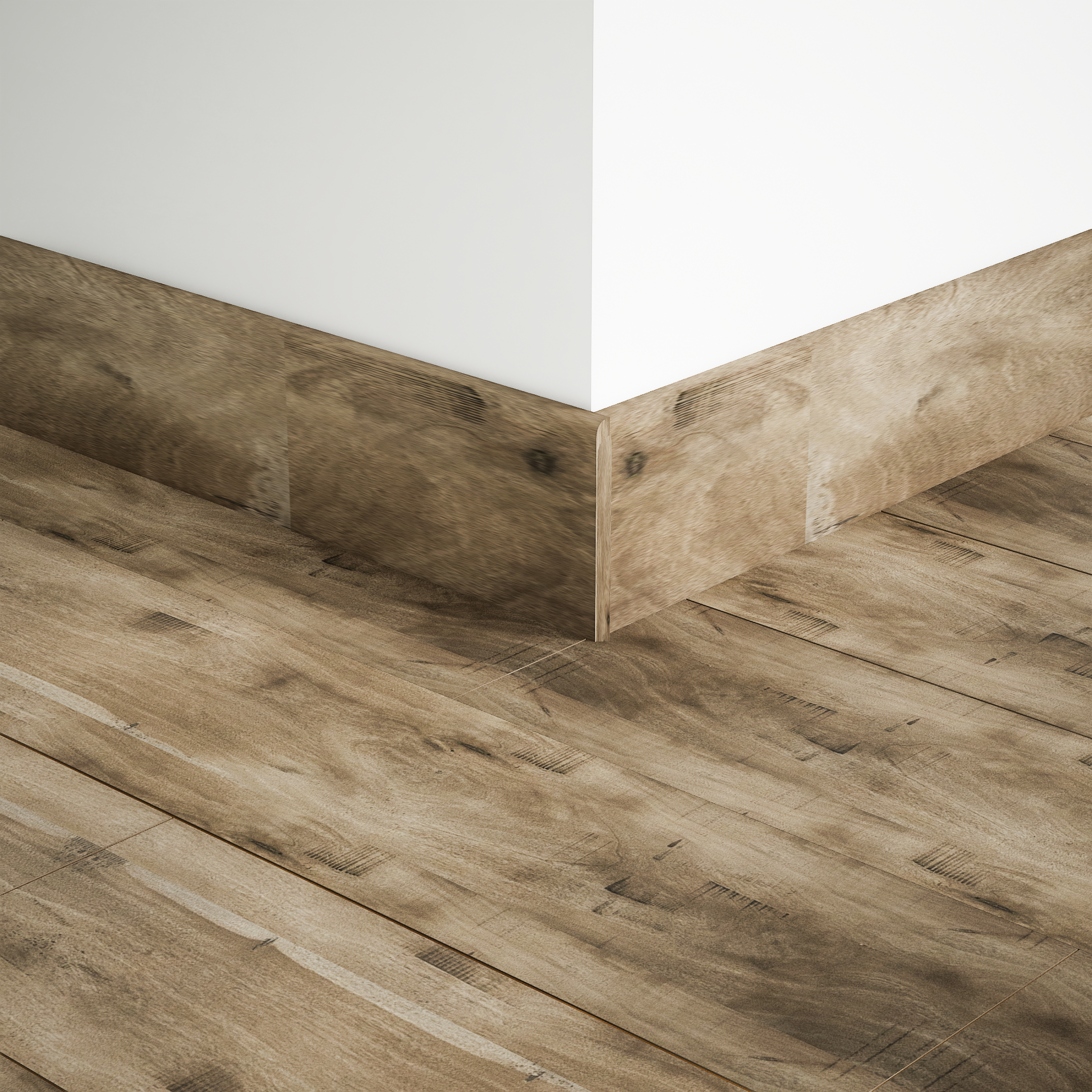 A close-up of a MDF Skirting Timberlux PM 00374 E | 8 ft x 3 Inch | Compatible for Laminate Wood Floor LF 00276 available at Material Depot in Bangalore