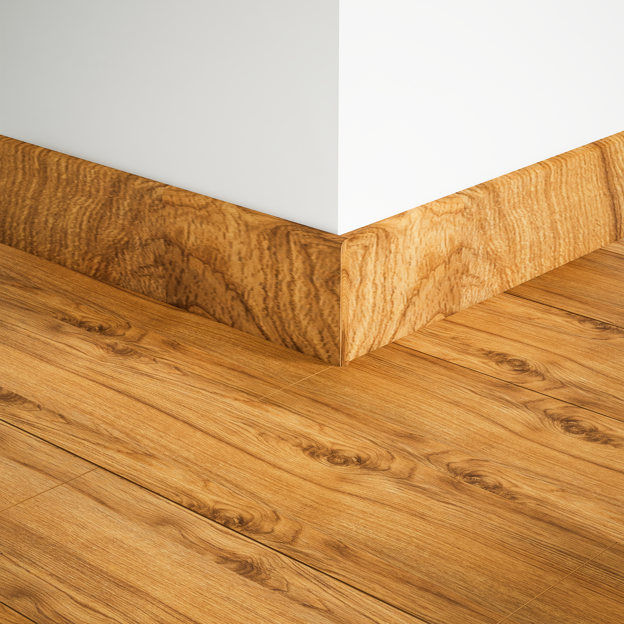 A close-up of a MDF Skirting Aqua Lock PM 00405 E | 8 ft x 3 Inch | Compatible for Laminate Wood Floor LF 00288 available at Material Depot in Bangalore