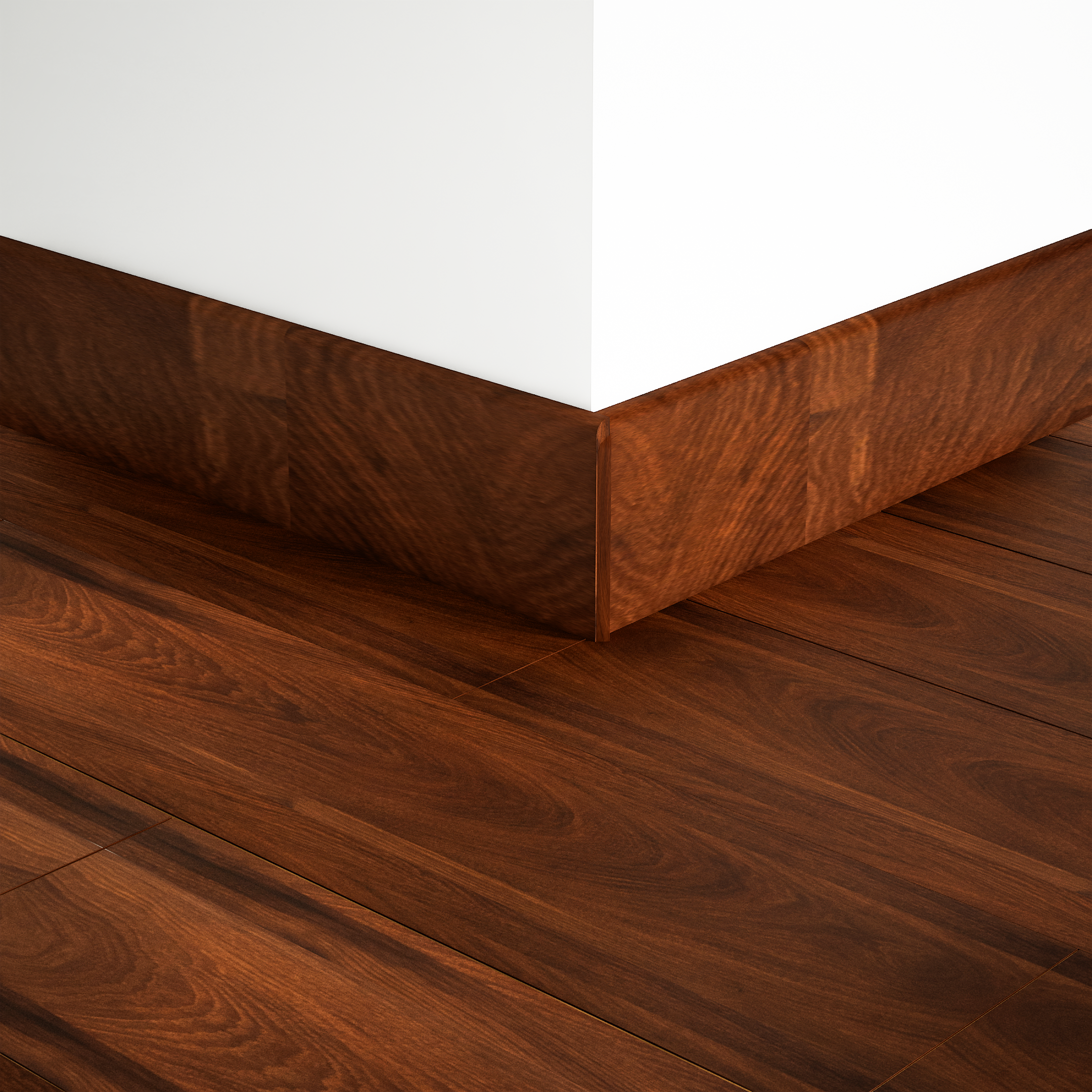 A close-up of a MDF Skirting Aqua Lock PM 00407 F | 8 ft x 3.5 Inch | Compatible for Laminate Wood Floor LF 00290 available at Material Depot in Bangalore