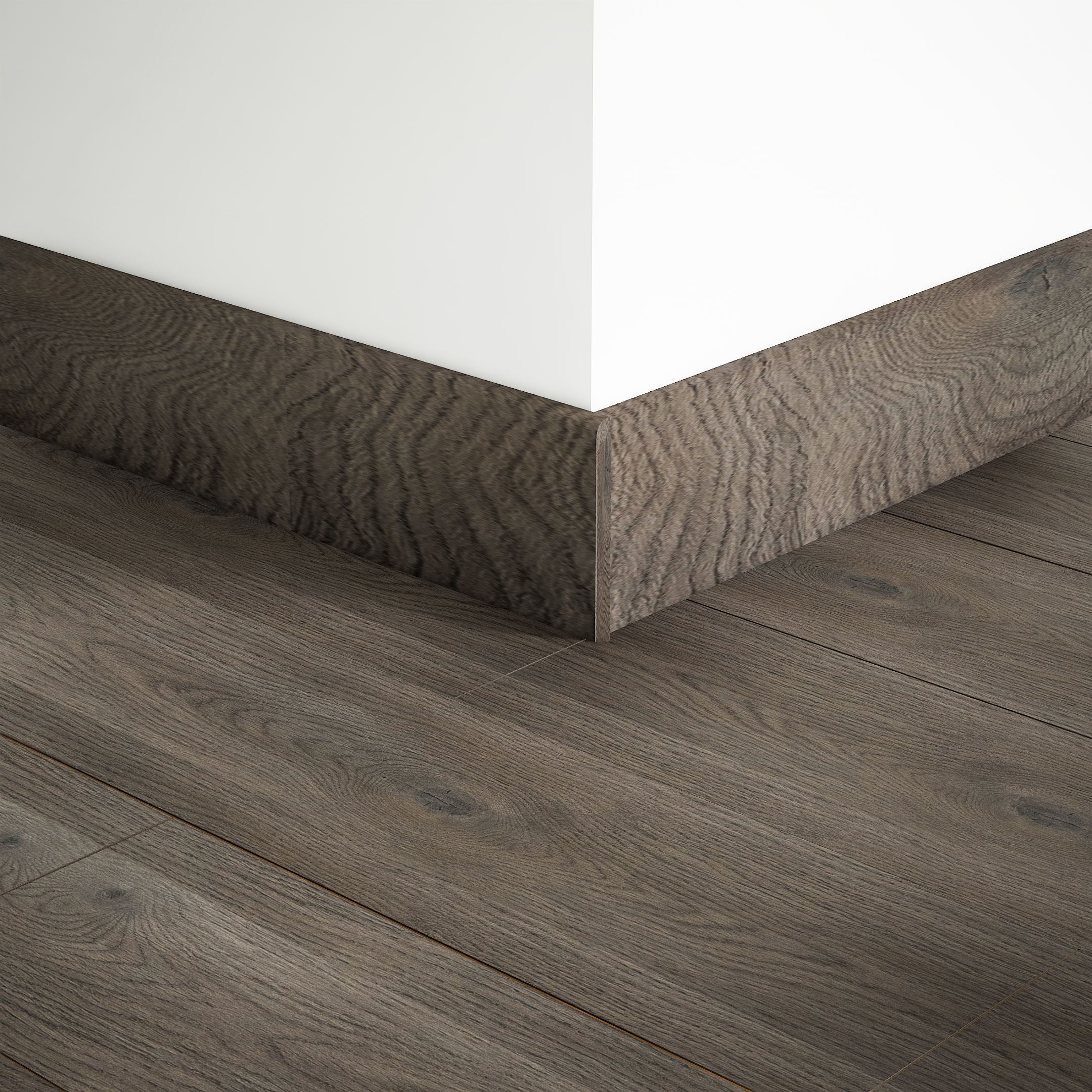 A close-up of a MDF Skirting Aqua Lock PM 00408 D | 8 ft x 2.5 Inch | Compatible for Laminate Wood Floor LF 00291 available at Material Depot in Bangalore