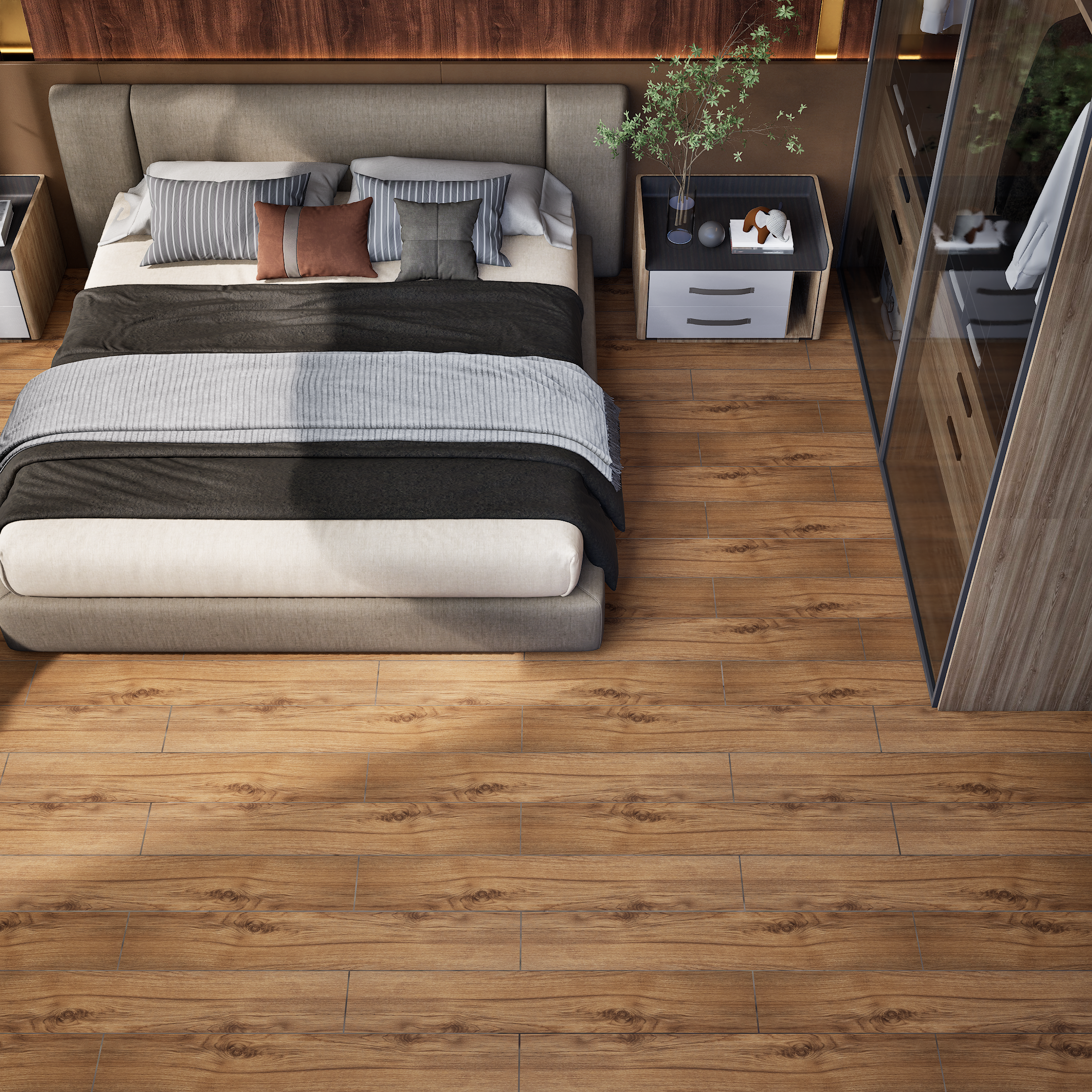 A close-up of a HDF Laminate Wood Floor EIR Finish Aqua Lock LF 00288 | 4 ft x 8 inch x 8 mm | AC4 Grade | Arc Click With Wax Coating | U Groove | Water Proof | Suitable for Flooring, Living Room, Bedroom available at Material Depot in Bangalore