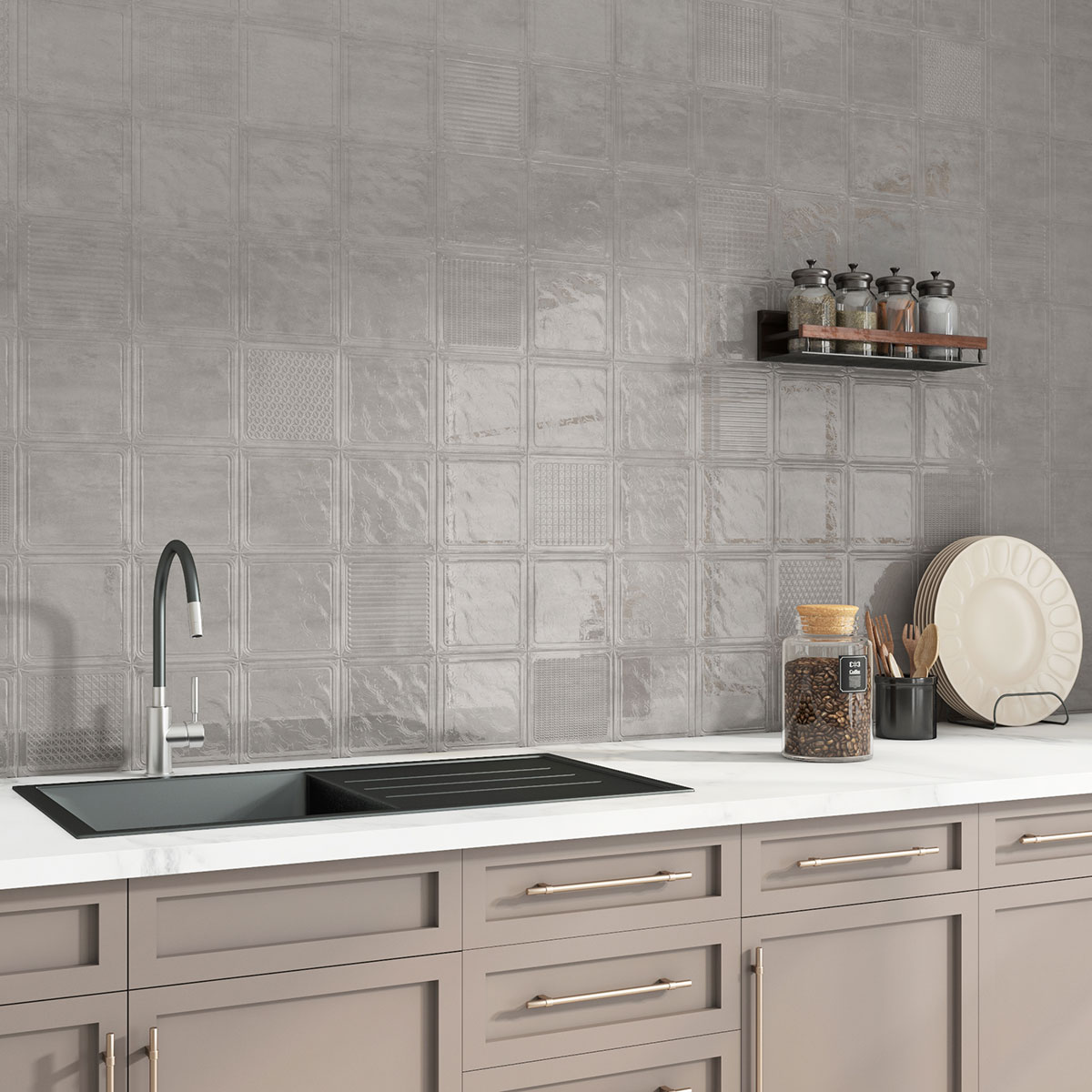 A close-up of a TL 03720 E Gray 05 | 200x200 mm Glossy Finish Ceramic Wall Pattern 5 Subway Tile - 10 mm  with a Glossy finish available at Material Depot in Bangalore