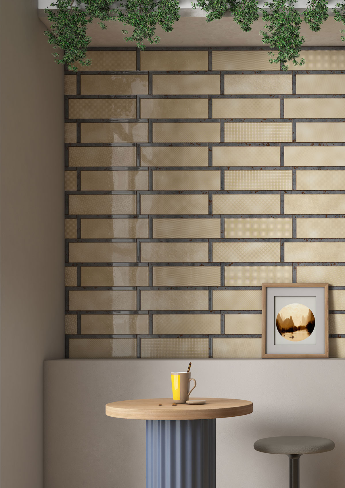 A close-up of a TL 03729 D Beige 300x100 mm Glossy Finish Ceramic Wall  Subway Tile - 5 mm  with a Glossy finish available at Material Depot in Bangalore