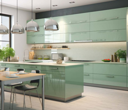 A Wardrobe or kitchen cabinate application image of a KL 725 Peppermint Green Acrylic Laminate of 1.5 mm with a High Gloss finish available at Material Depot in Bangalore