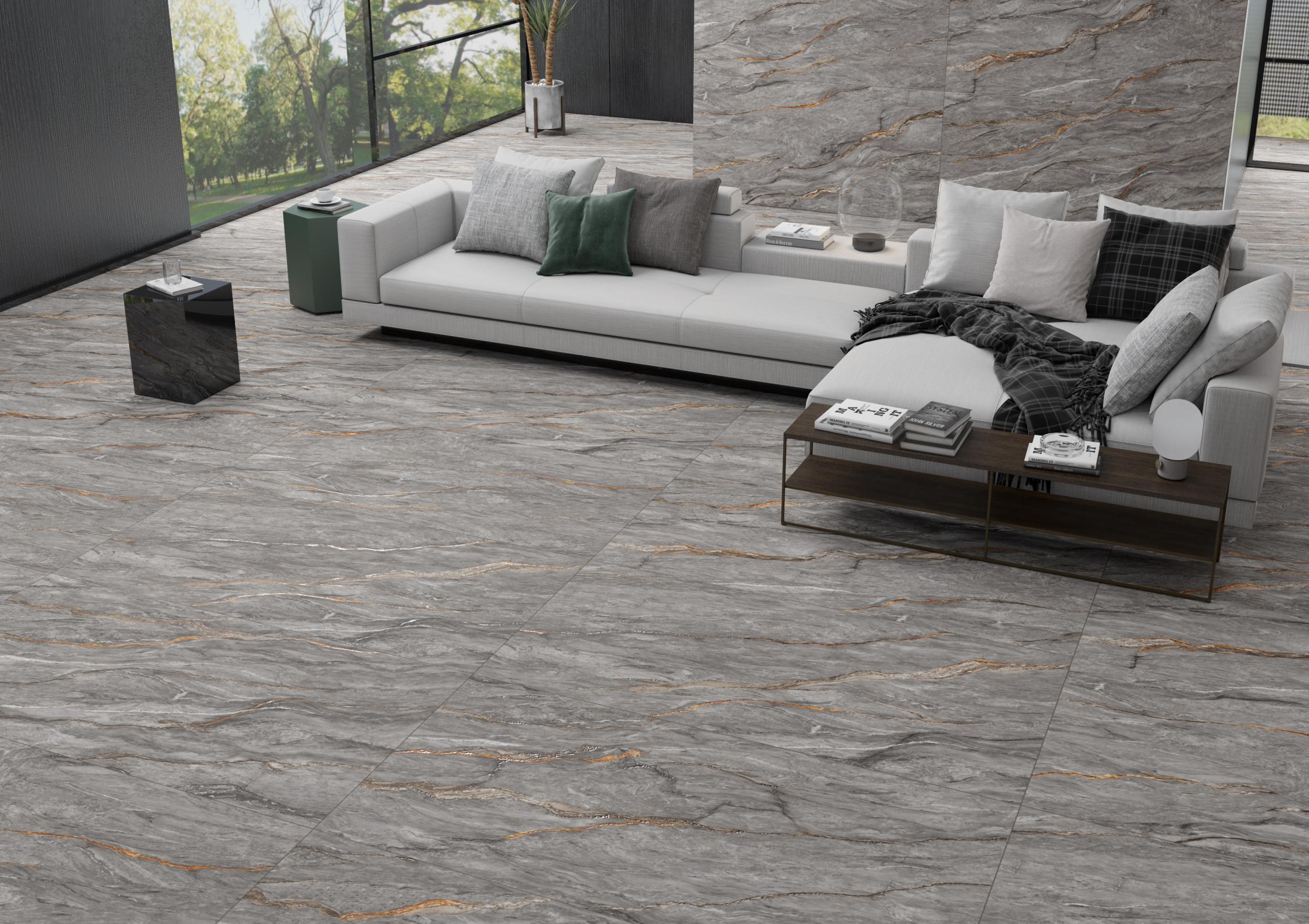 Modern Living Room with Elegant Grey Marble Tiles | Material Depot