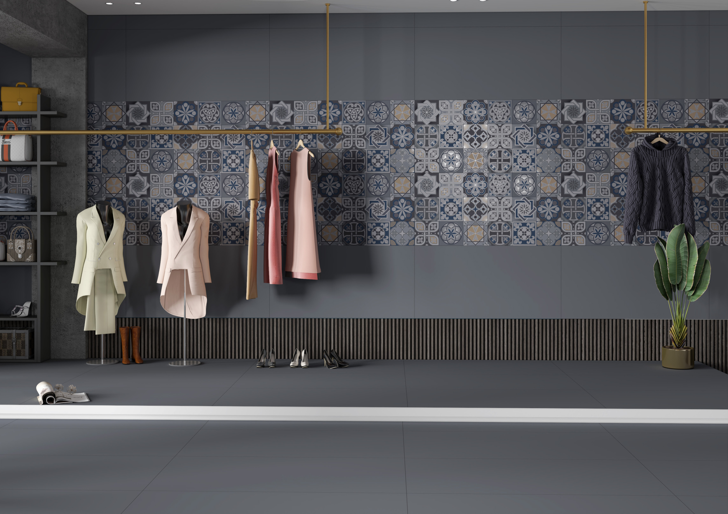 Fashion Boutique with Moroccan Tile Accent Wall and Sleek Gray Flooring | Material Depot