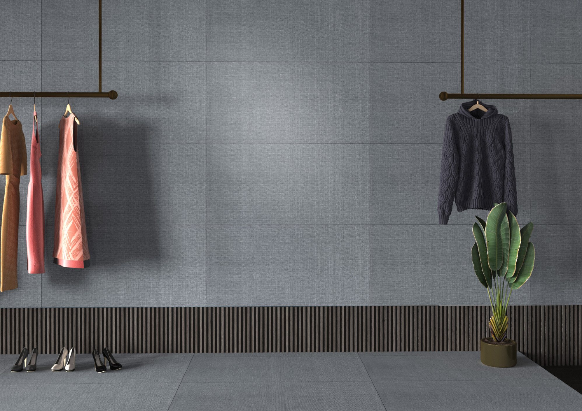 Contemporary Clothing Display with Textured Grey Tiles | Material Depot