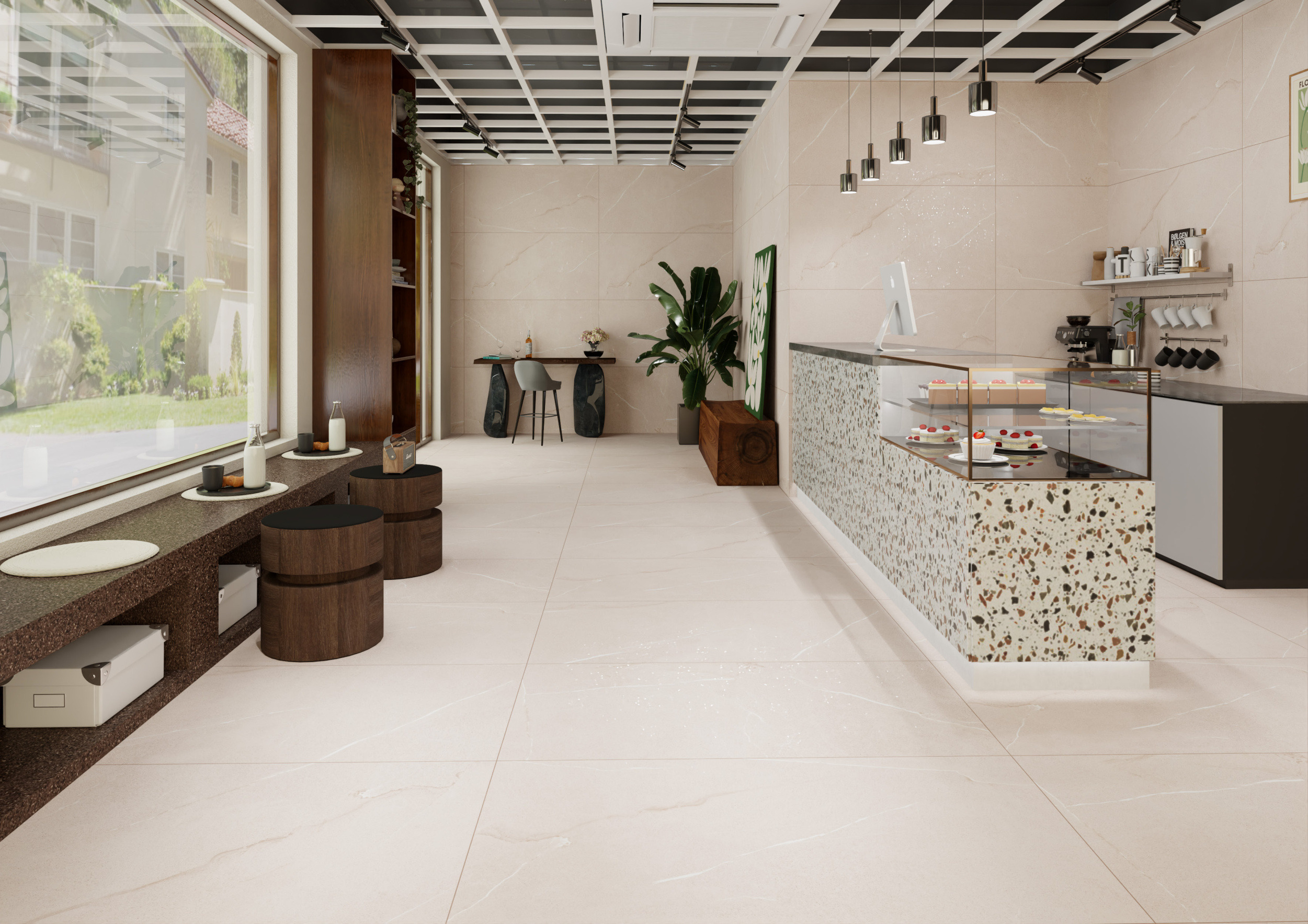 Modern Café with Neutral Toned Tiles | Material Depot