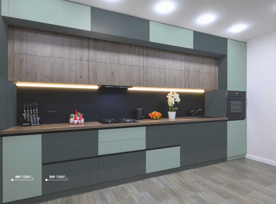 BNF 12541 Teal Green Green Decorative Laminate of 1 mm applied on kitchen cabinet with a Texture finish available for sale at Material Depot in Bangalore