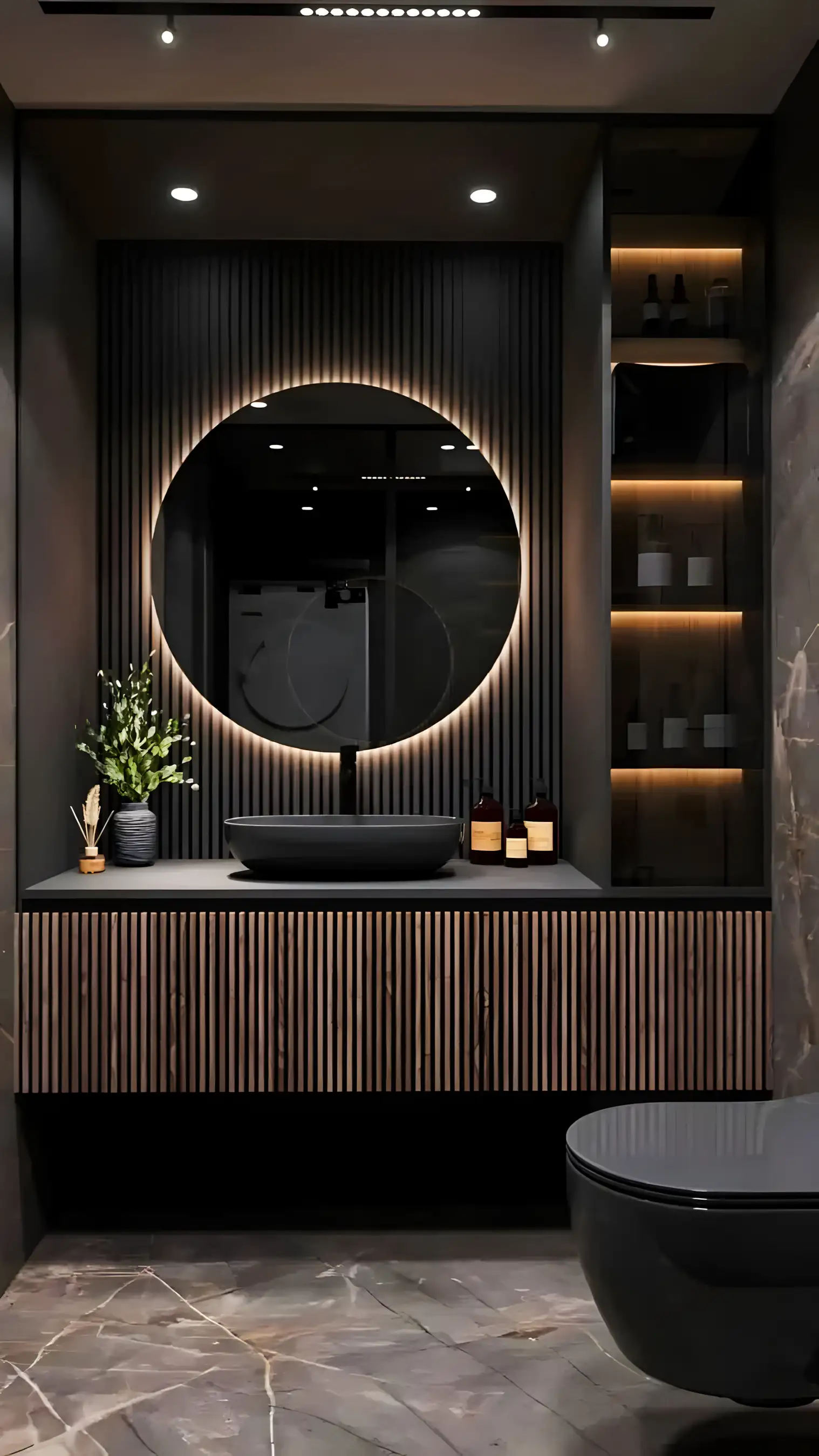  Elegant Dark Bathroom With Round Mirror | Material Depot