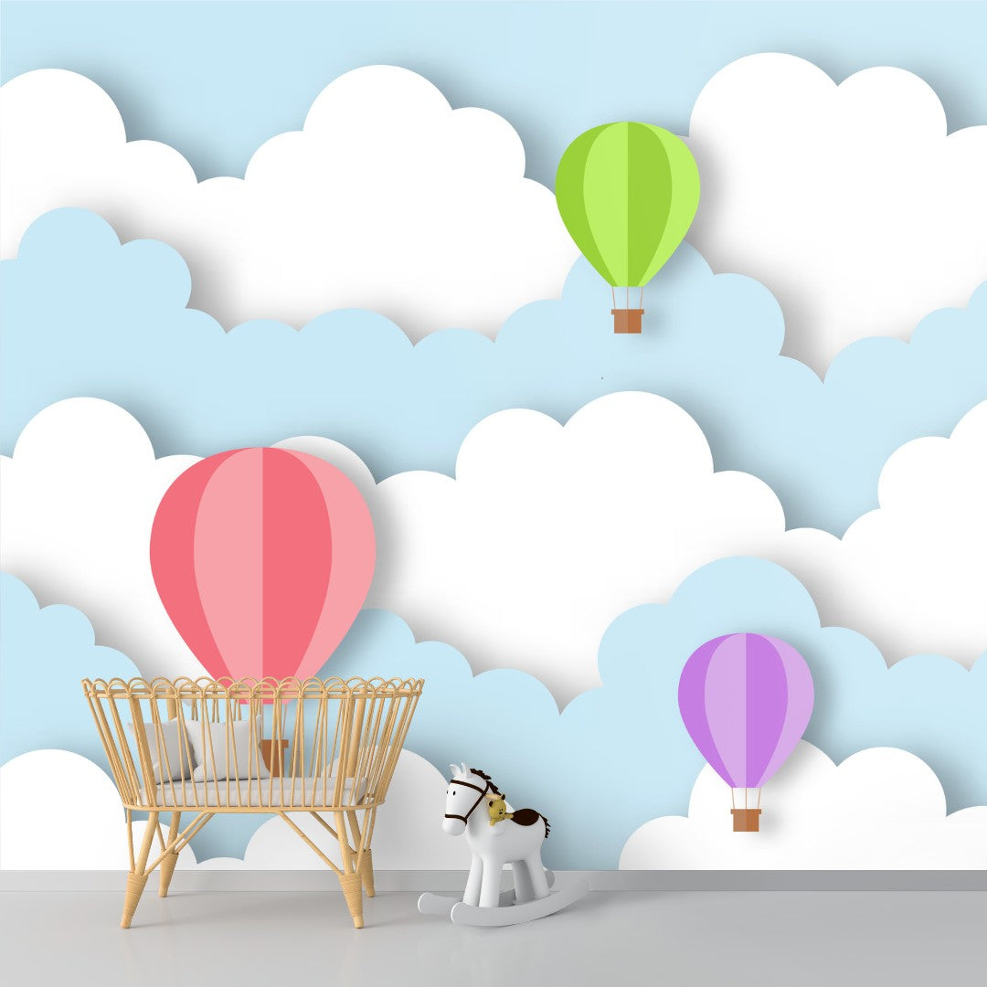 A close-up of a 3D Clouds and Hot Air Balloon, Kids Wallpaper, Customised Sparkla N Shine Series Entertainment Design (Customised Size Wallpaper) with a finish available at Material Depot in Bangalore